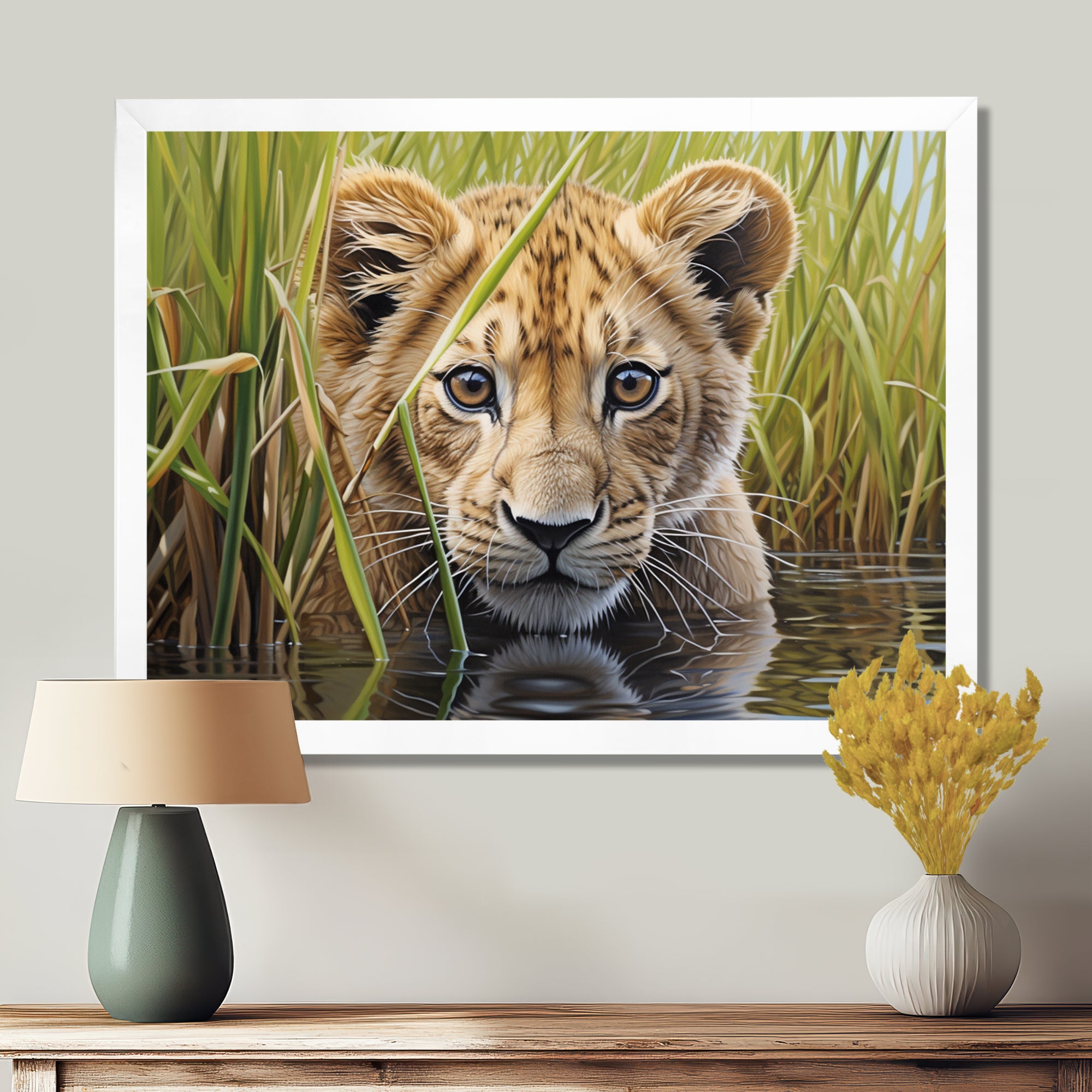 Endearing Lion Cub By The River - Lion Large Canvas Wall Art
