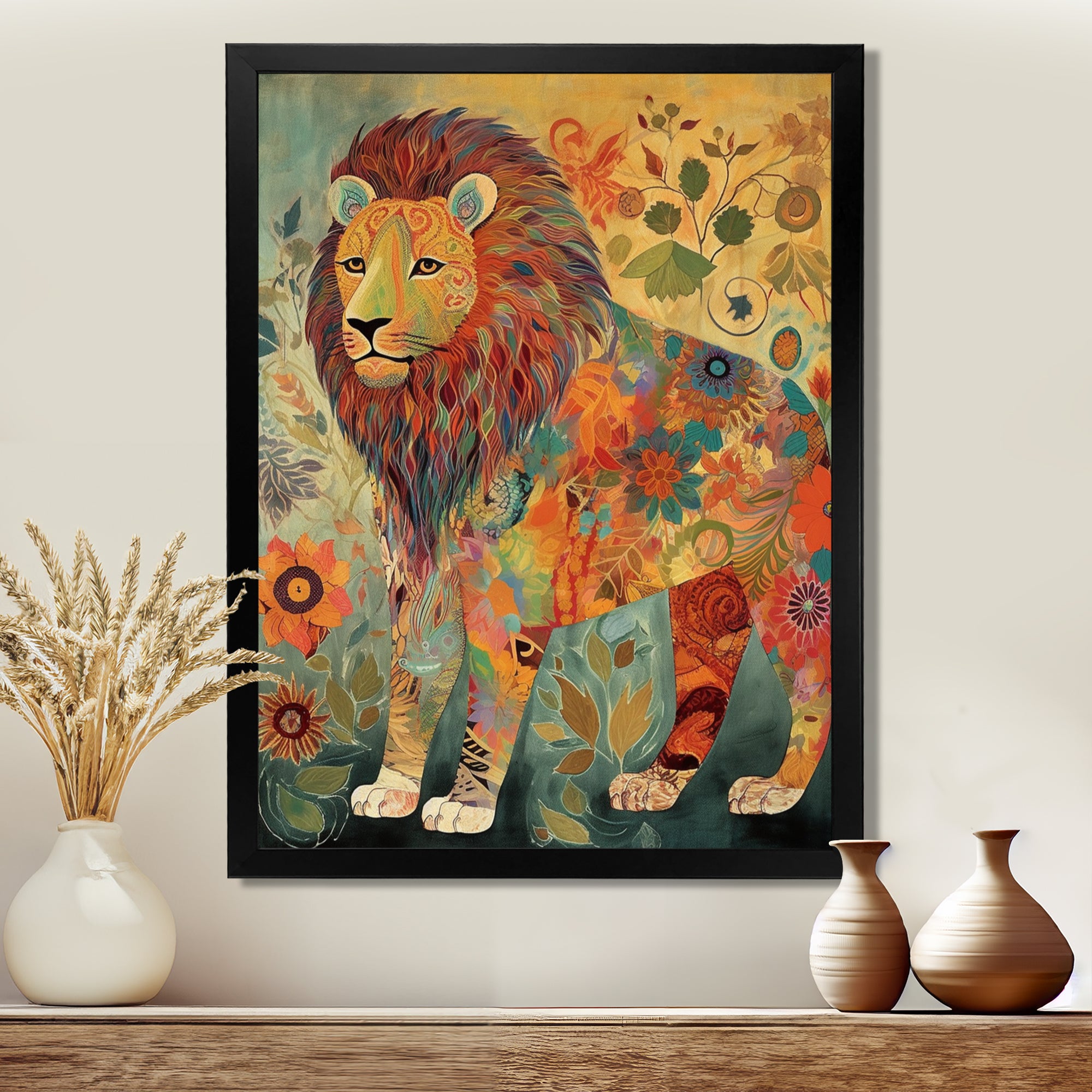 Flowerful Boho Lion Retro Illustration - Lion Living Room Wall Art