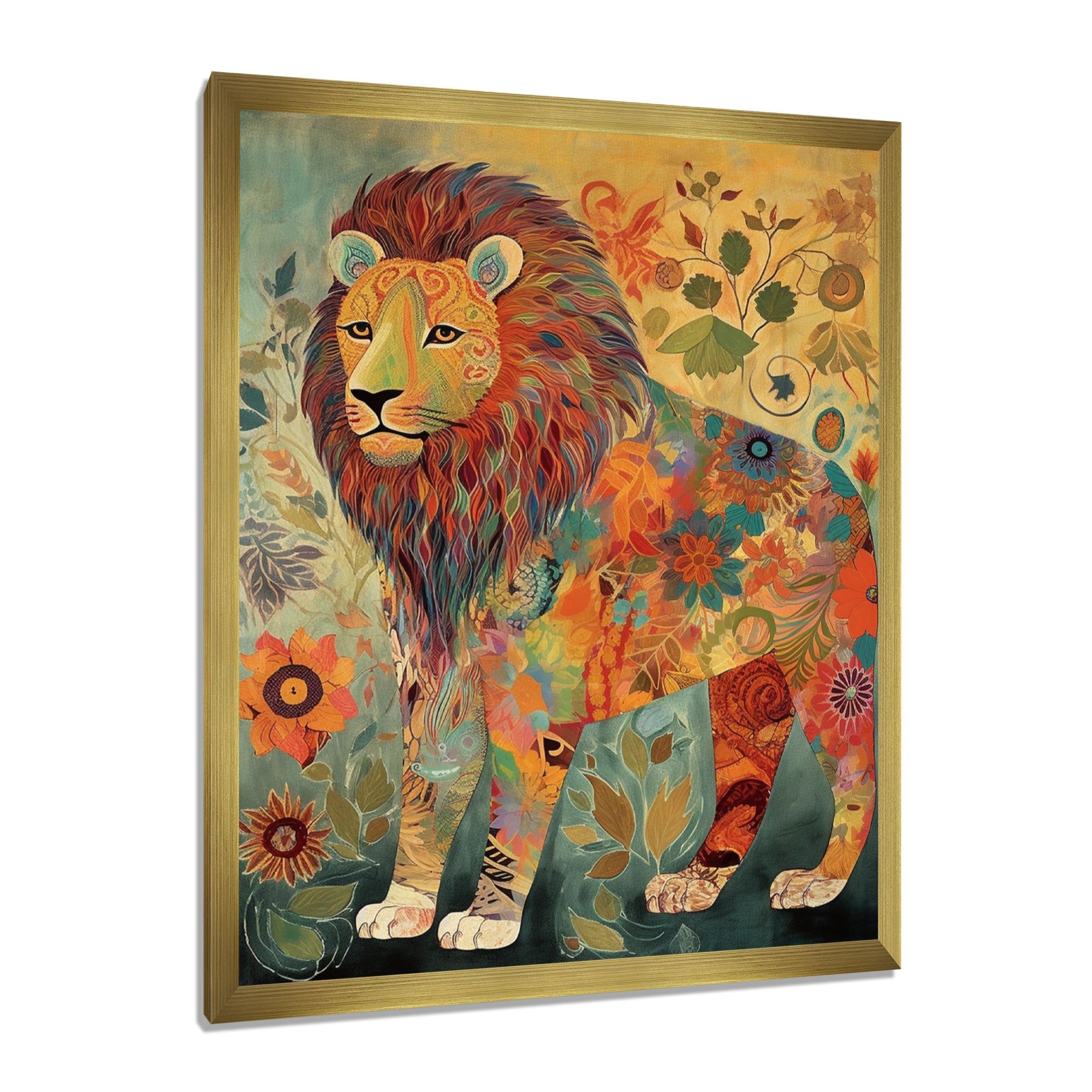 Flowerful Boho Lion Retro Illustration - Lion Living Room Wall Art