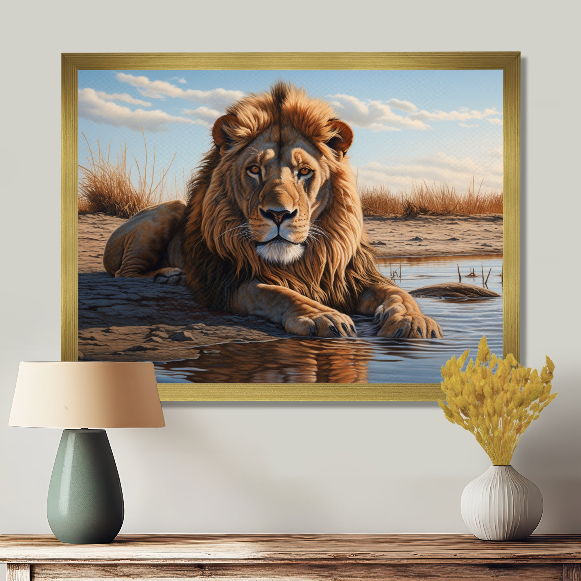 Lion Resting By The Water Pool - Lion Wall Art Prints