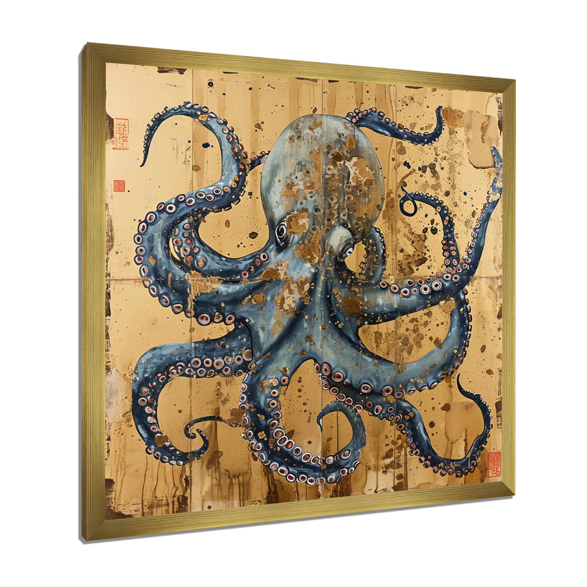 Blue Octopus Asian Vintage Gold - Octopus Large Canvas Wall Art