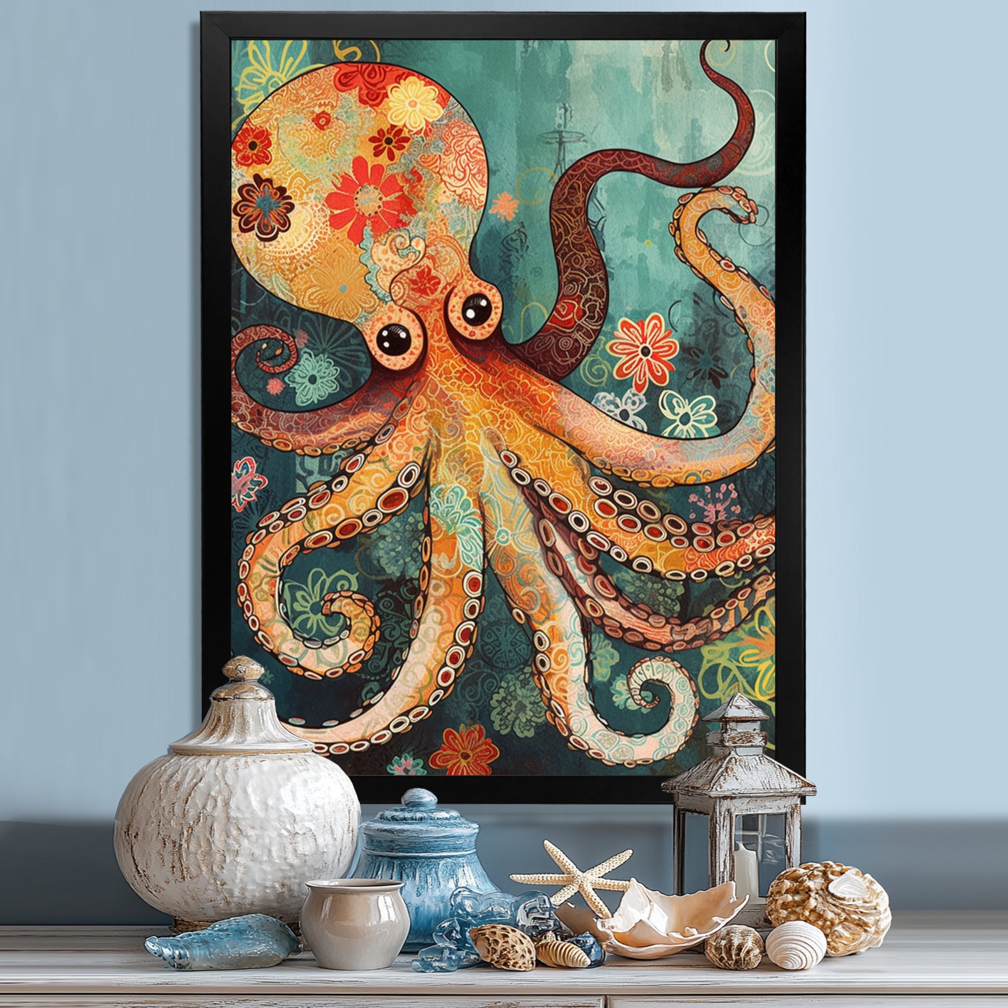 Flowerful Octopus Deep Sea Boho Vintage - Octopus Living Room Wall Art