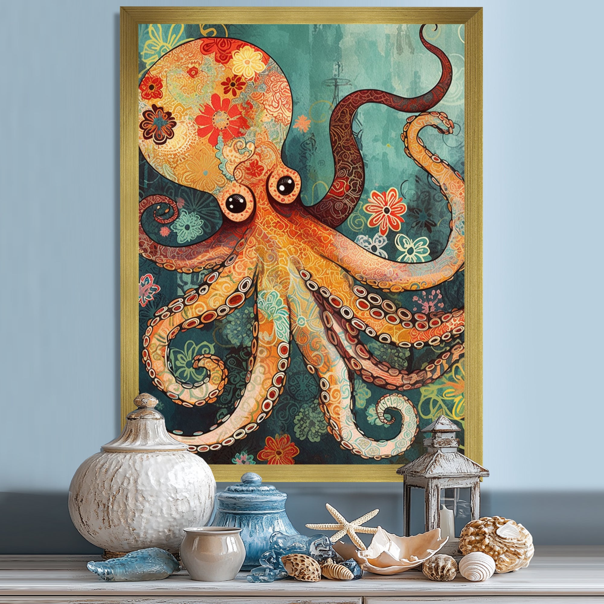 Flowerful Octopus Deep Sea Boho Vintage - Octopus Living Room Wall Art