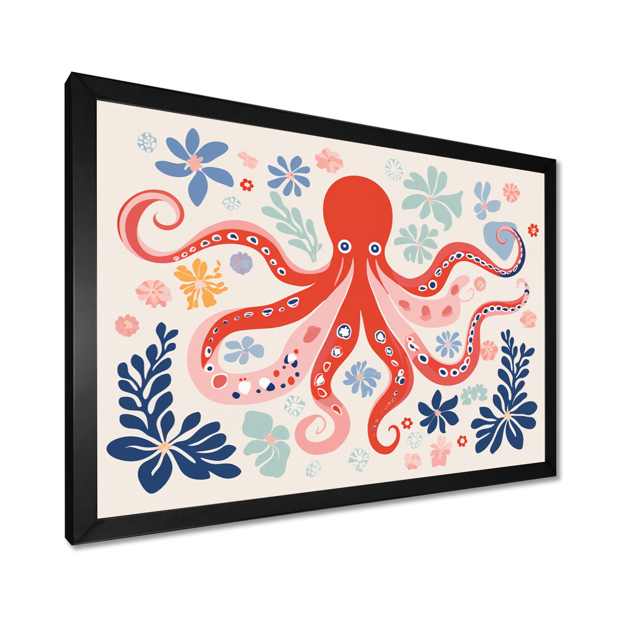 Deep Ocean Red Octopus Retro Illustration - Octopus Bedroom Wall Art