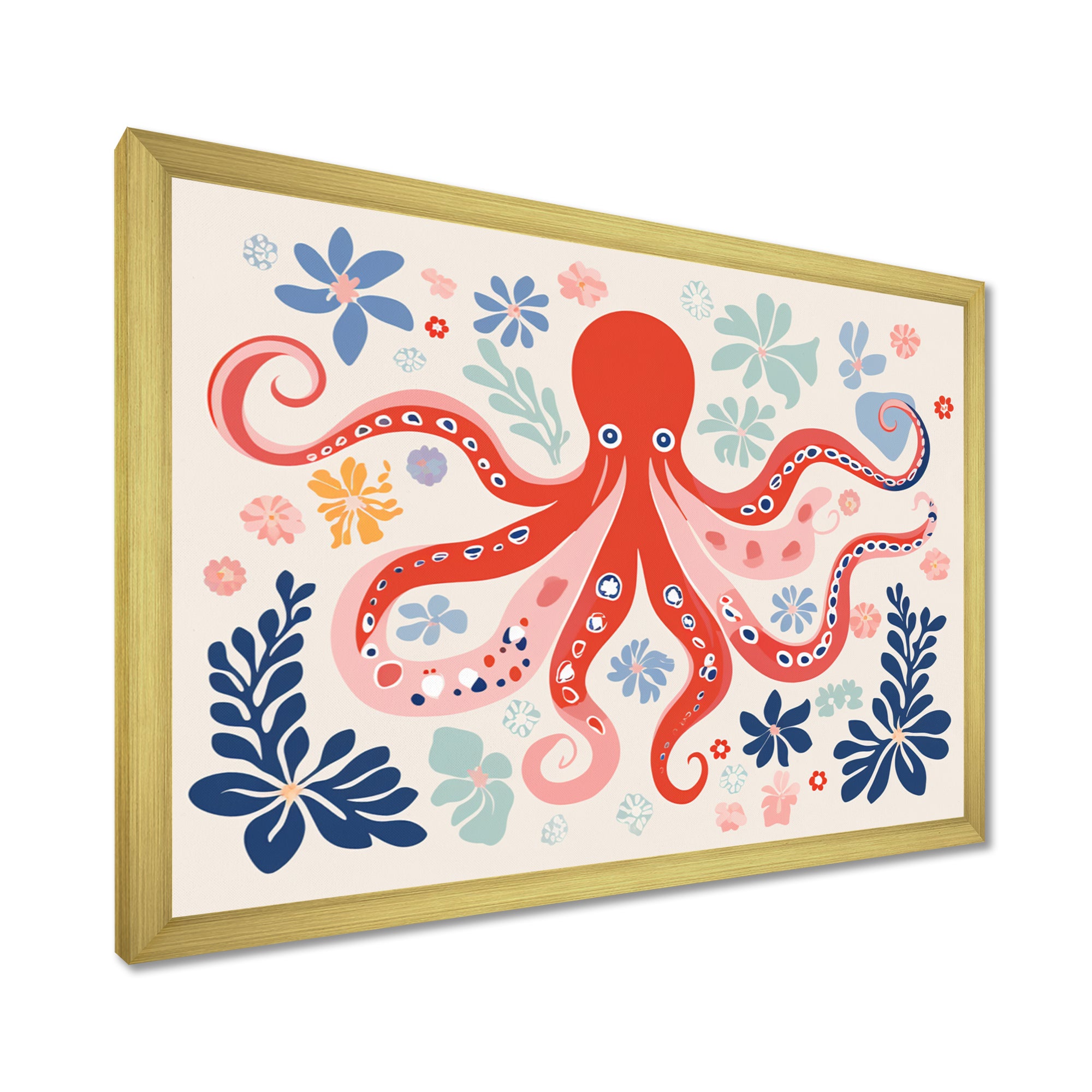 Deep Ocean Red Octopus Retro Illustration - Octopus Bedroom Wall Art