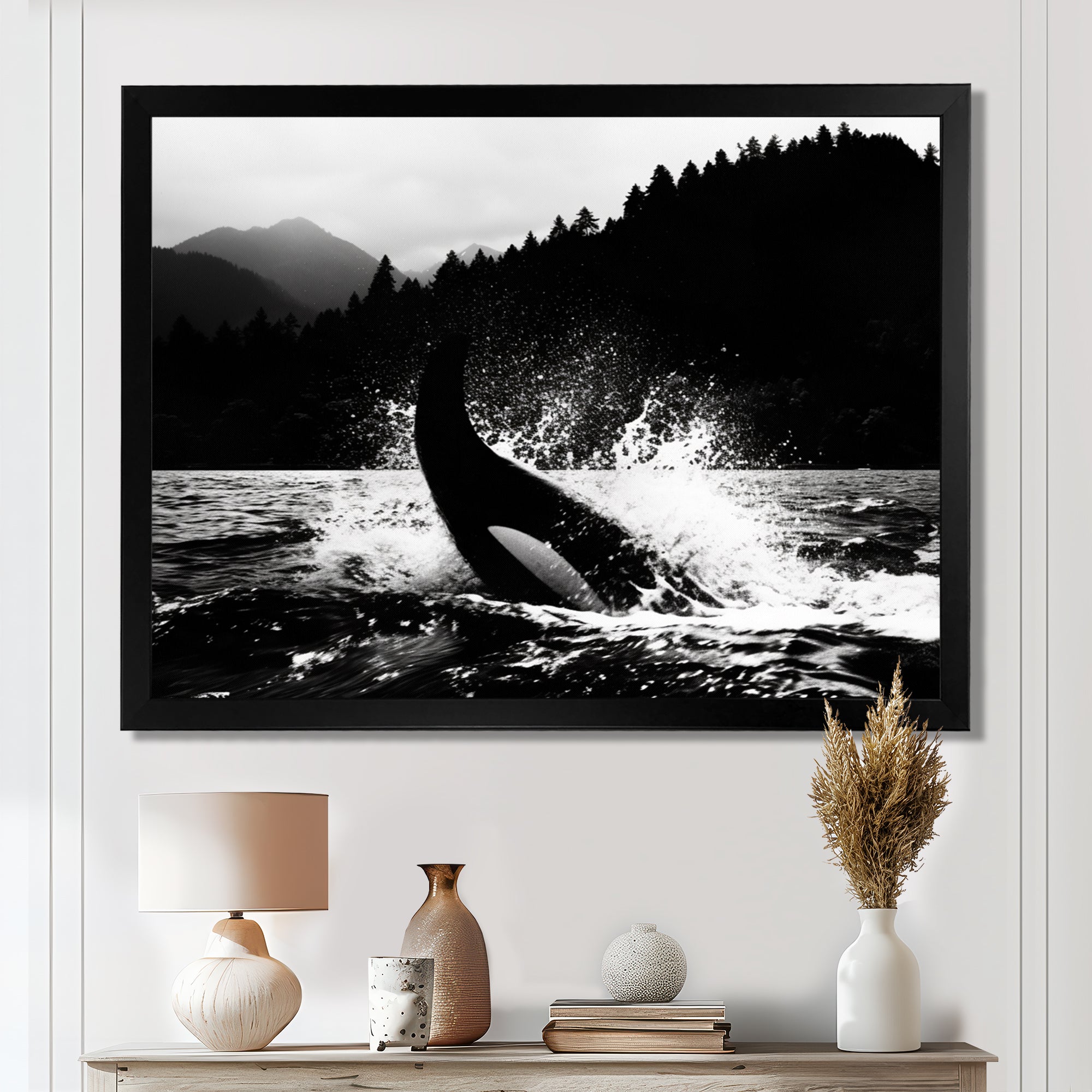Orca Splashing In The Water Monochrome - Coastal Animal Framed Canvas Art