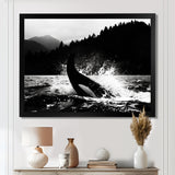 Orca Splashing In The Water Monochrome - Coastal Animal Framed Canvas Art
