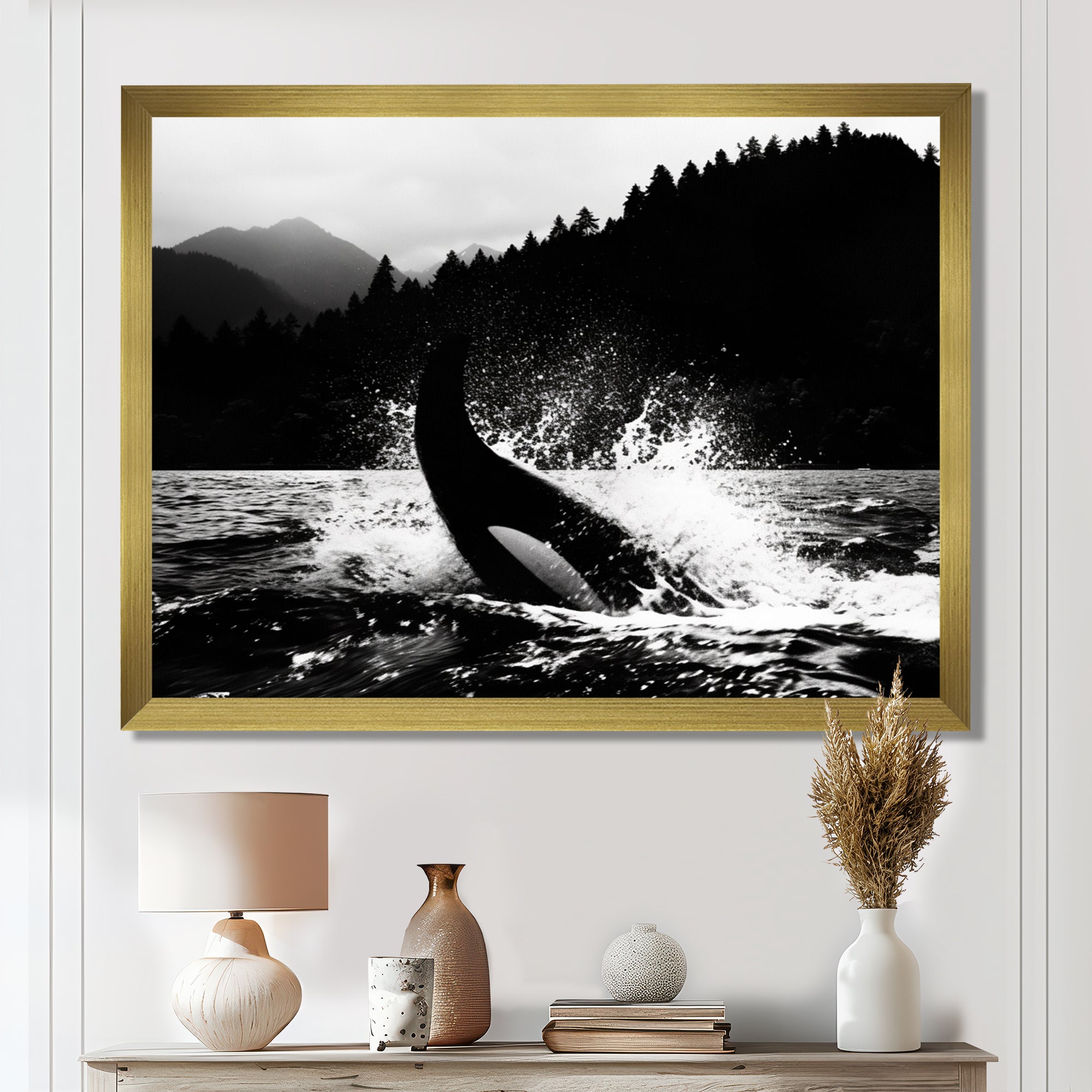 Orca Splashing In The Water Monochrome - Coastal Animal Framed Canvas Art