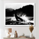 Orca Splashing In The Water Monochrome - Coastal Animal Framed Canvas Art