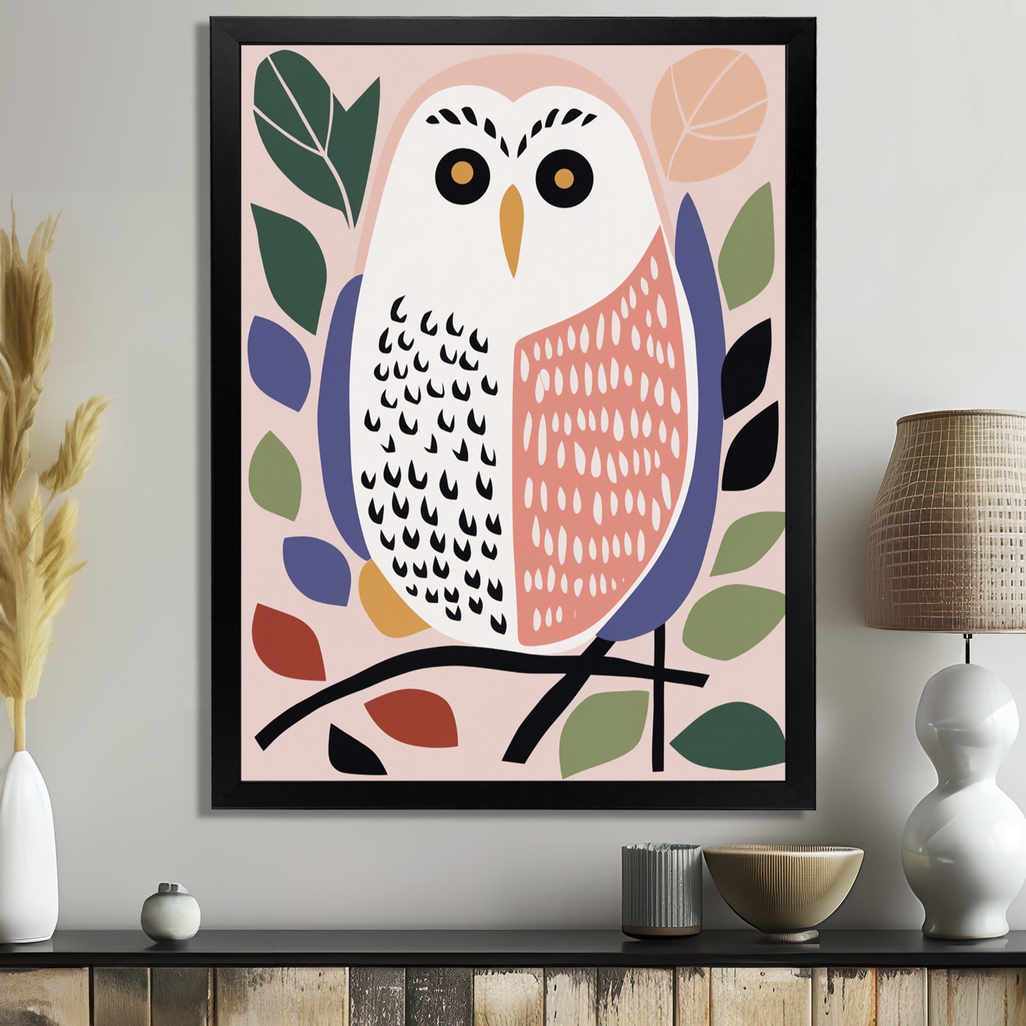 Playful Graphic White Owl Retro Colors - Owl Canvas Wall Art