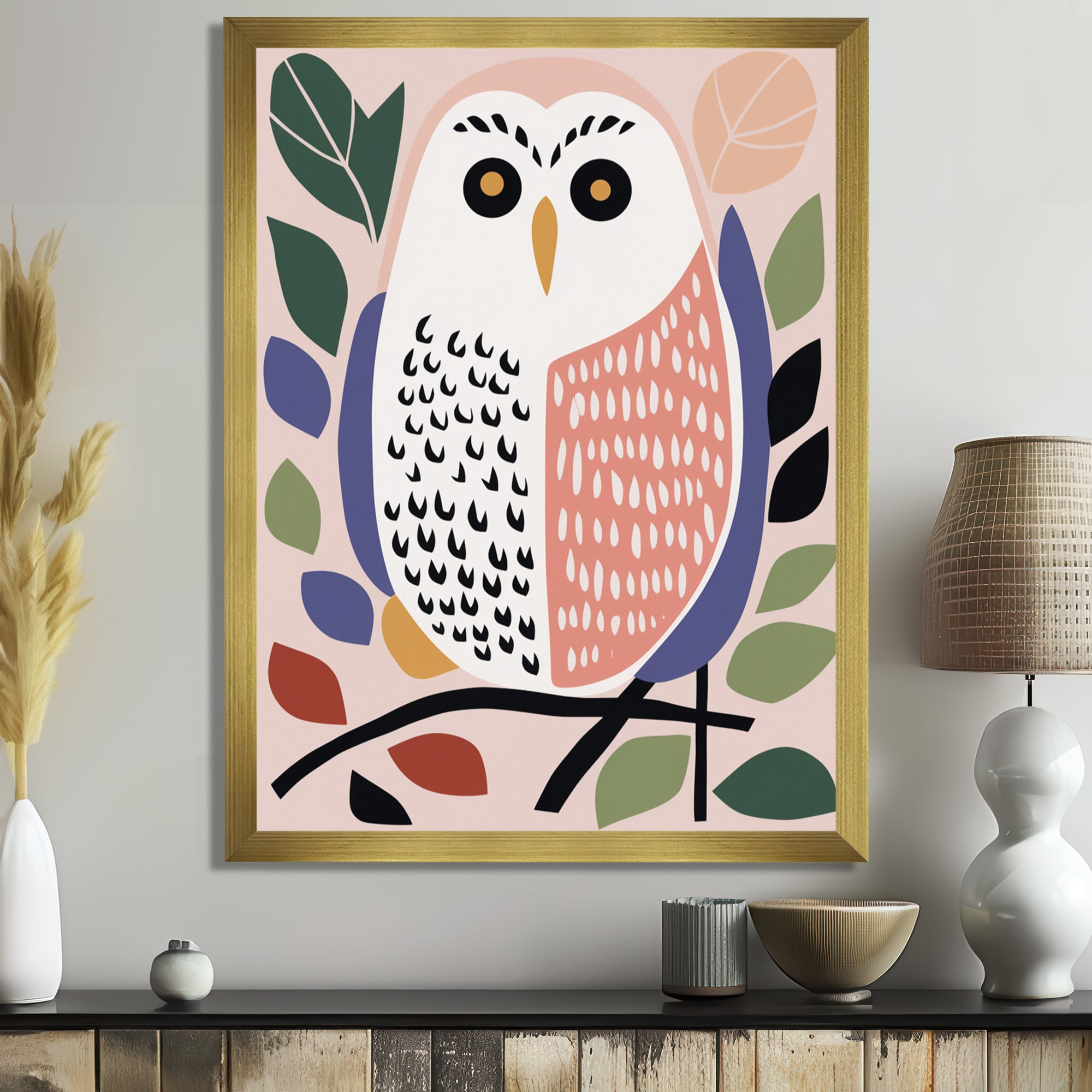 Playful Graphic White Owl Retro Colors - Owl Canvas Wall Art