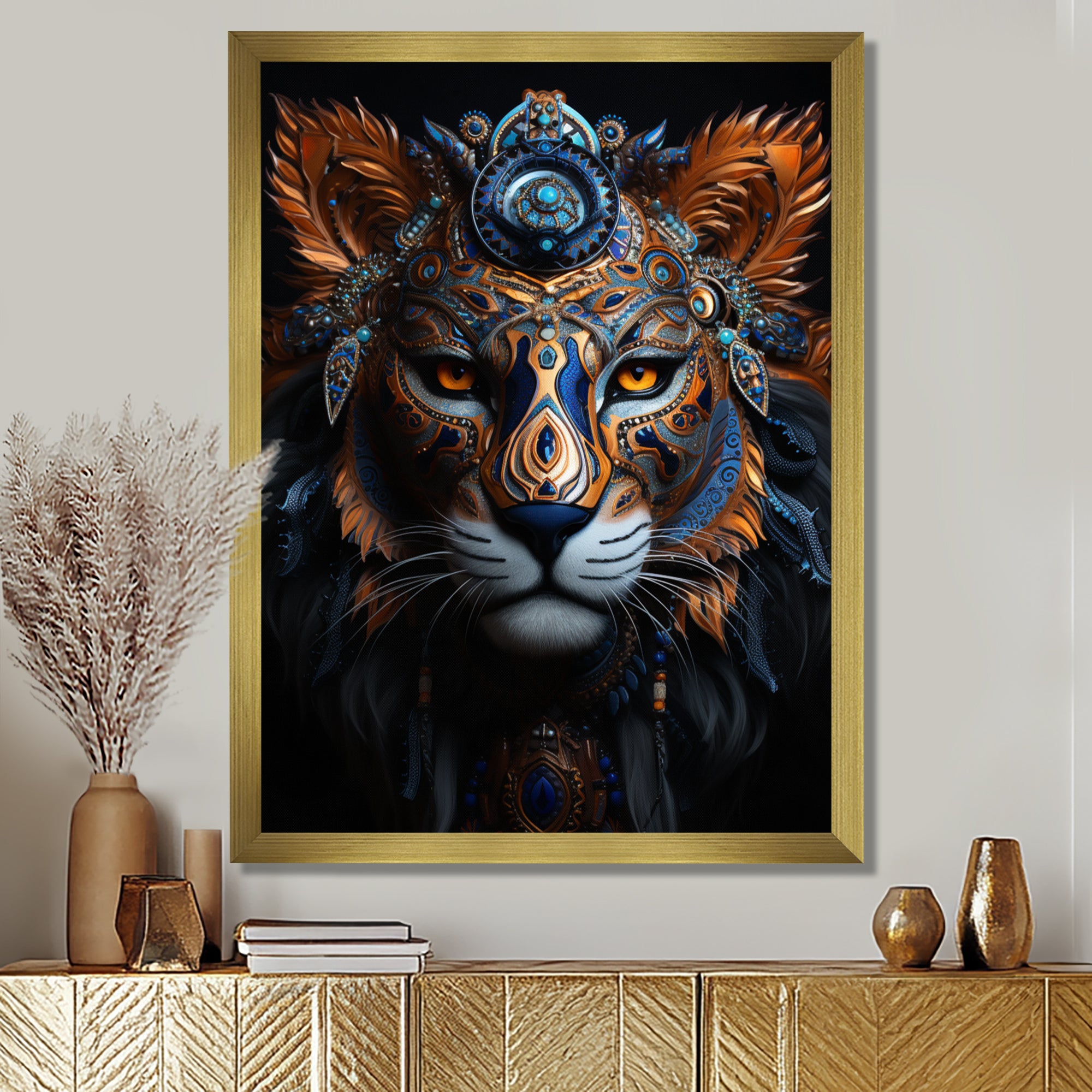 Shamanic Tribal Portrait Of Tiger Tribe - Tiger Fashion Large Canvas Wall Art