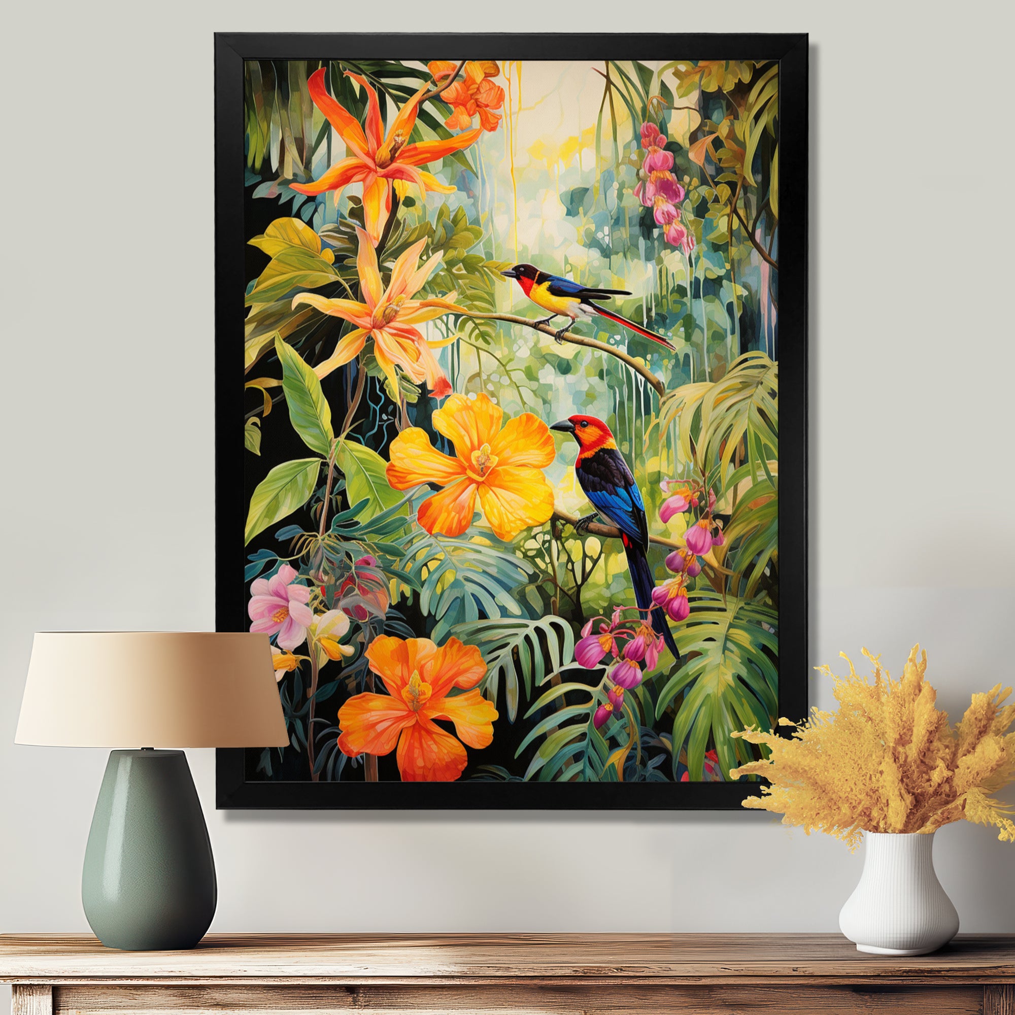 Colorful Birds In Flowery Tropical Jungle - Bird Floral Living Room Wall Art