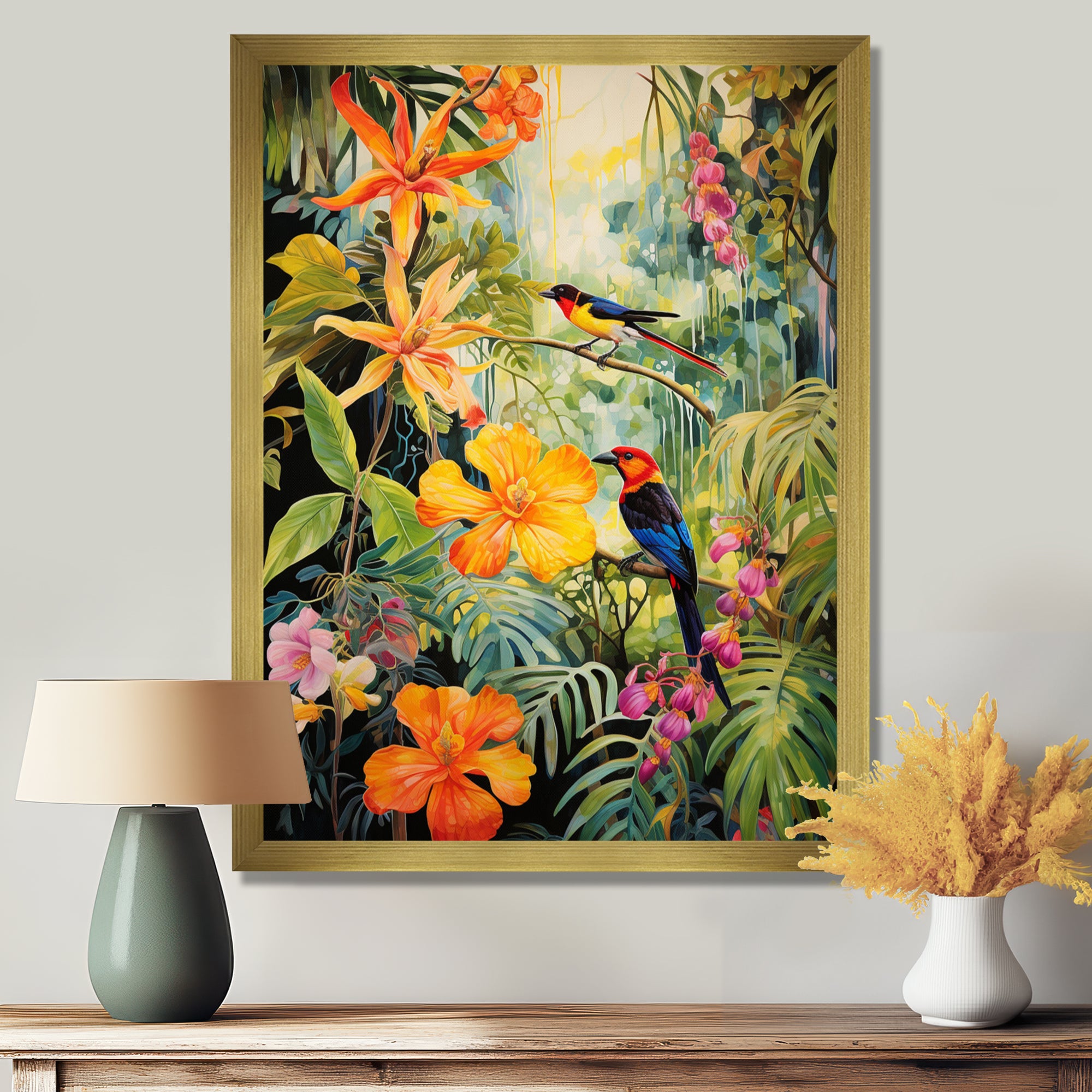 Colorful Birds In Flowery Tropical Jungle - Bird Floral Living Room Wall Art