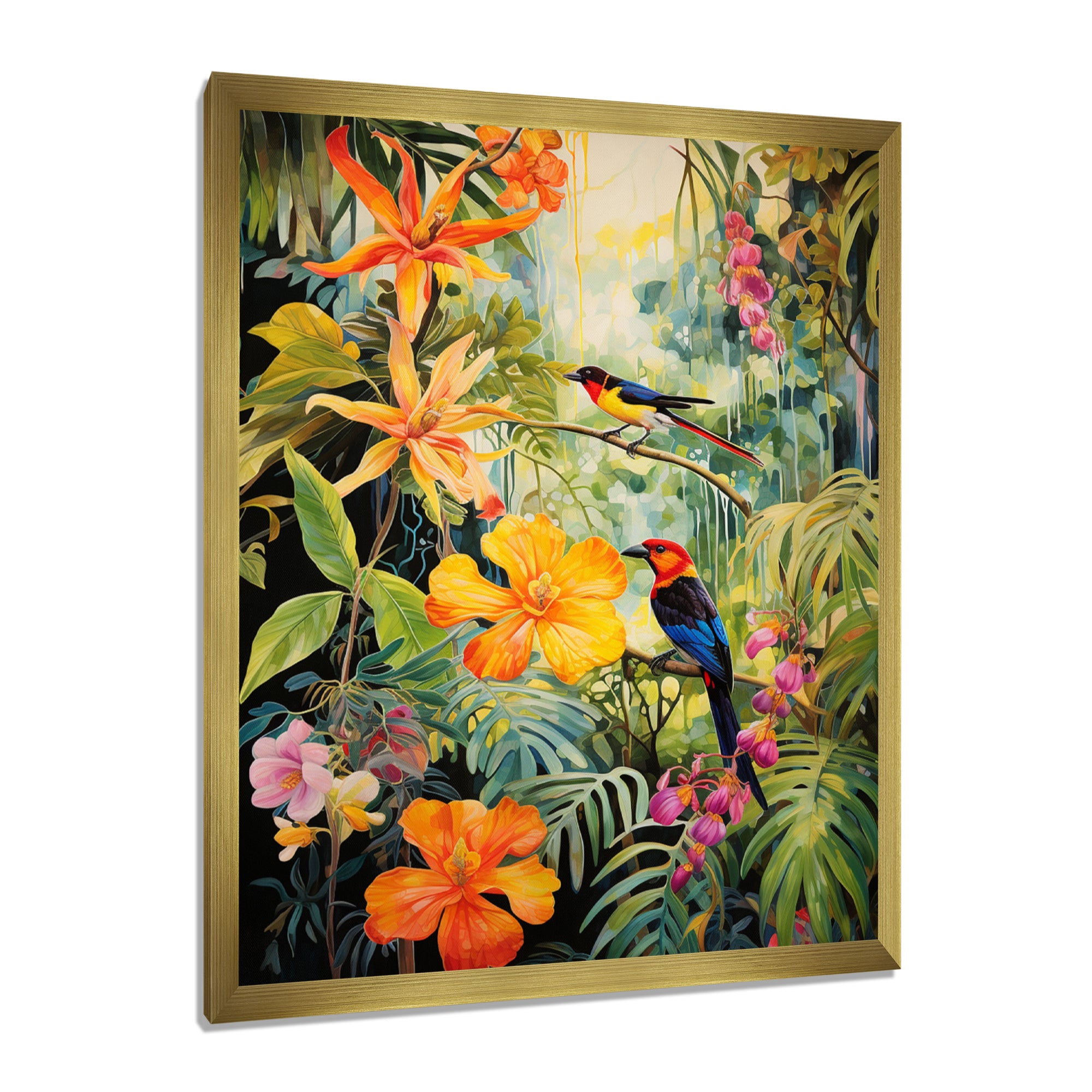 Colorful Birds In Flowery Tropical Jungle - Bird Floral Living Room Wall Art