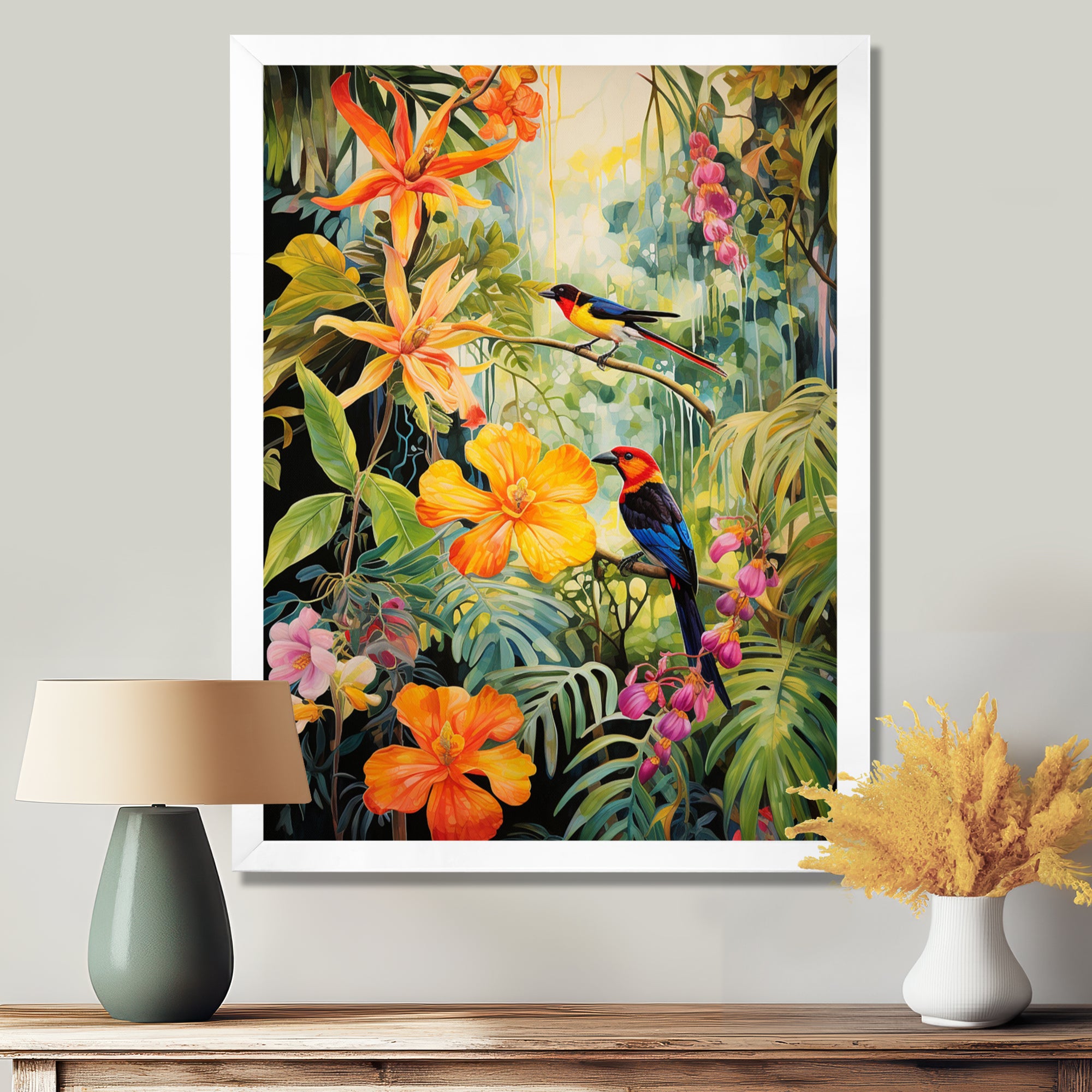 Colorful Birds In Flowery Tropical Jungle - Bird Floral Living Room Wall Art