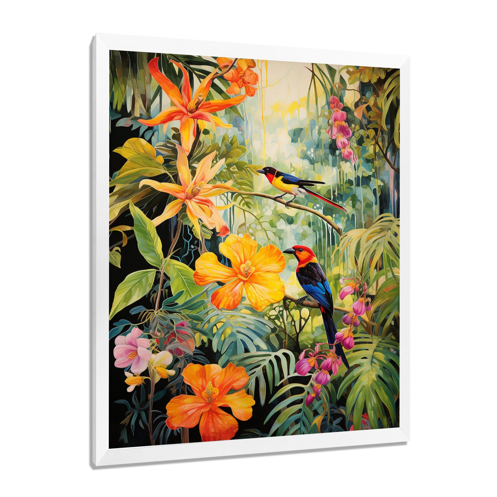 Colorful Birds In Flowery Tropical Jungle - Bird Floral Living Room Wall Art
