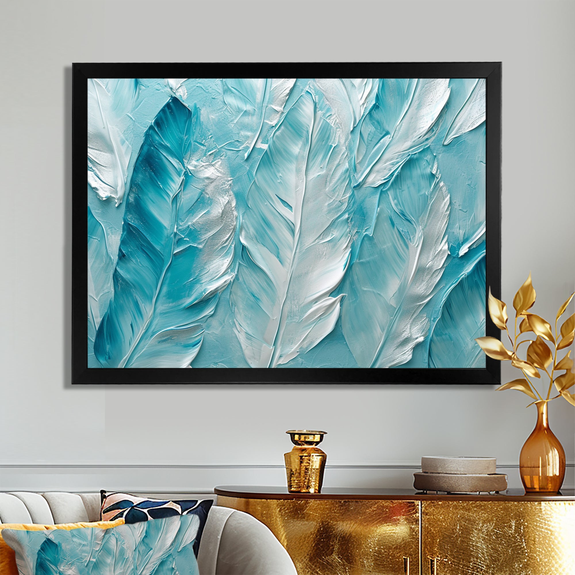 Bold White And Turquoise Boho Feathers Painting - Feathers Living Room Wall Art