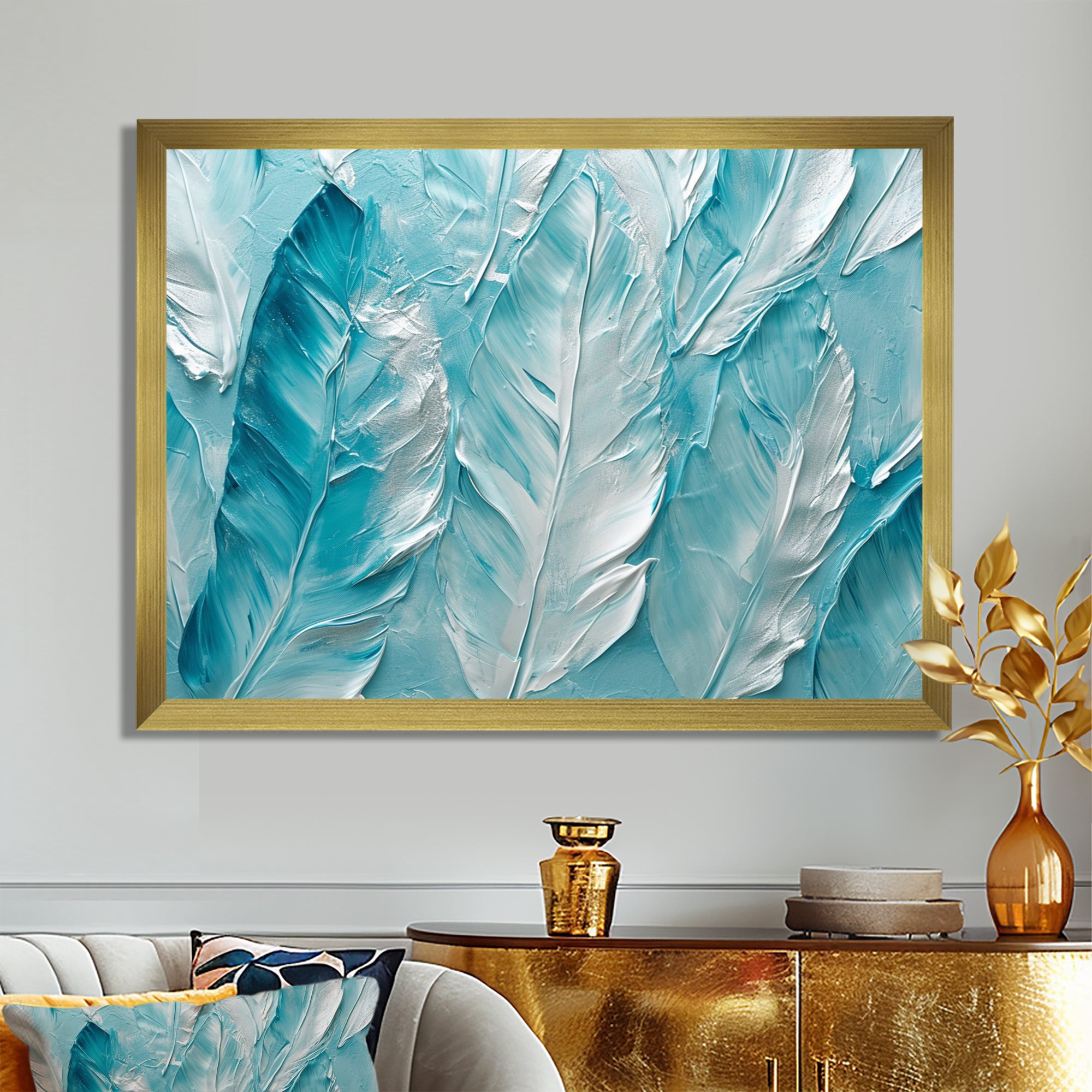 Bold White And Turquoise Boho Feathers Painting - Feathers Living Room Wall Art