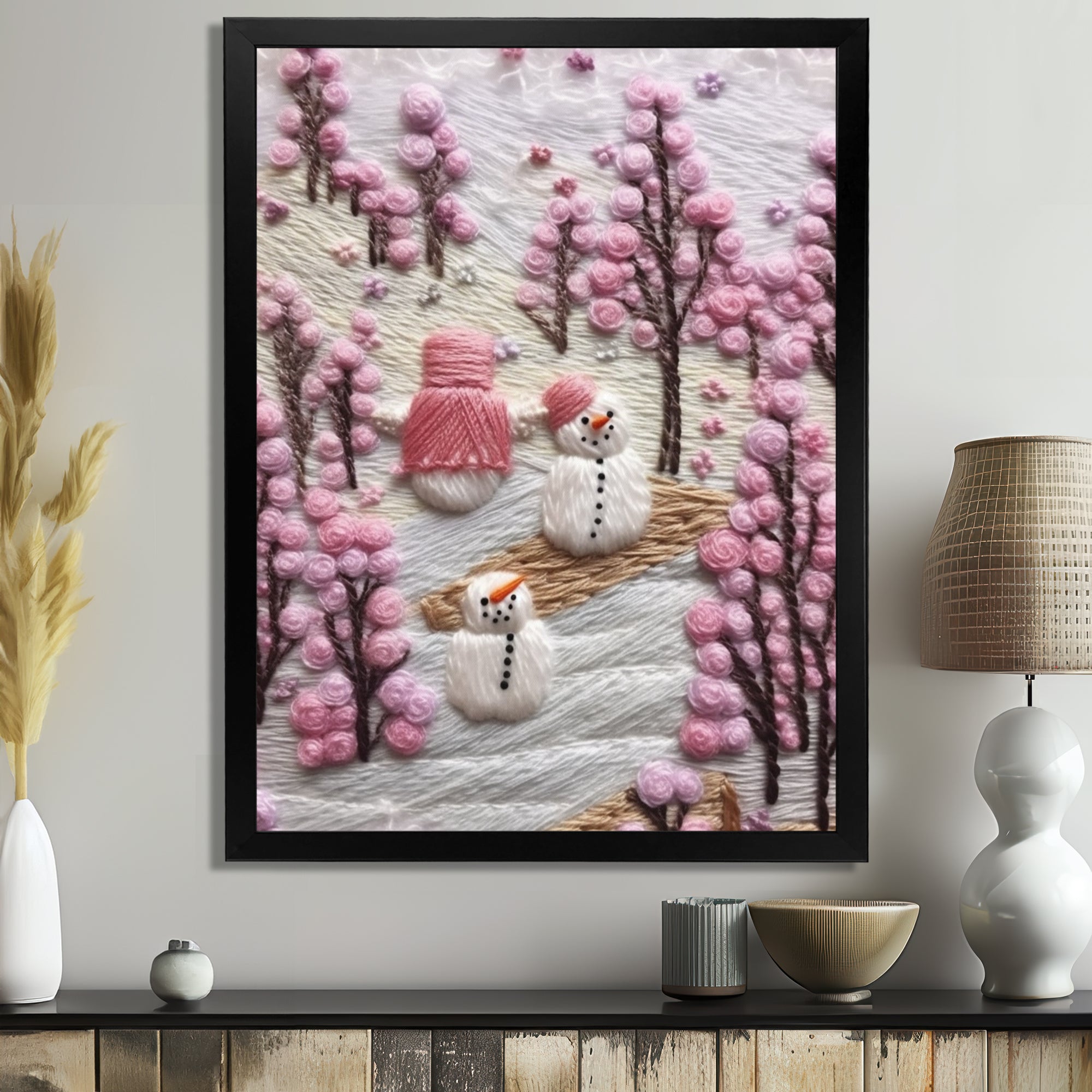 Christmas Snowman In Snowy Winter Pink Tree Embroidery - Coastal Animal Canvas Wall Art