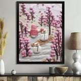Christmas Snowman In Snowy Winter Pink Tree Embroidery - Coastal Animal Canvas Wall Art