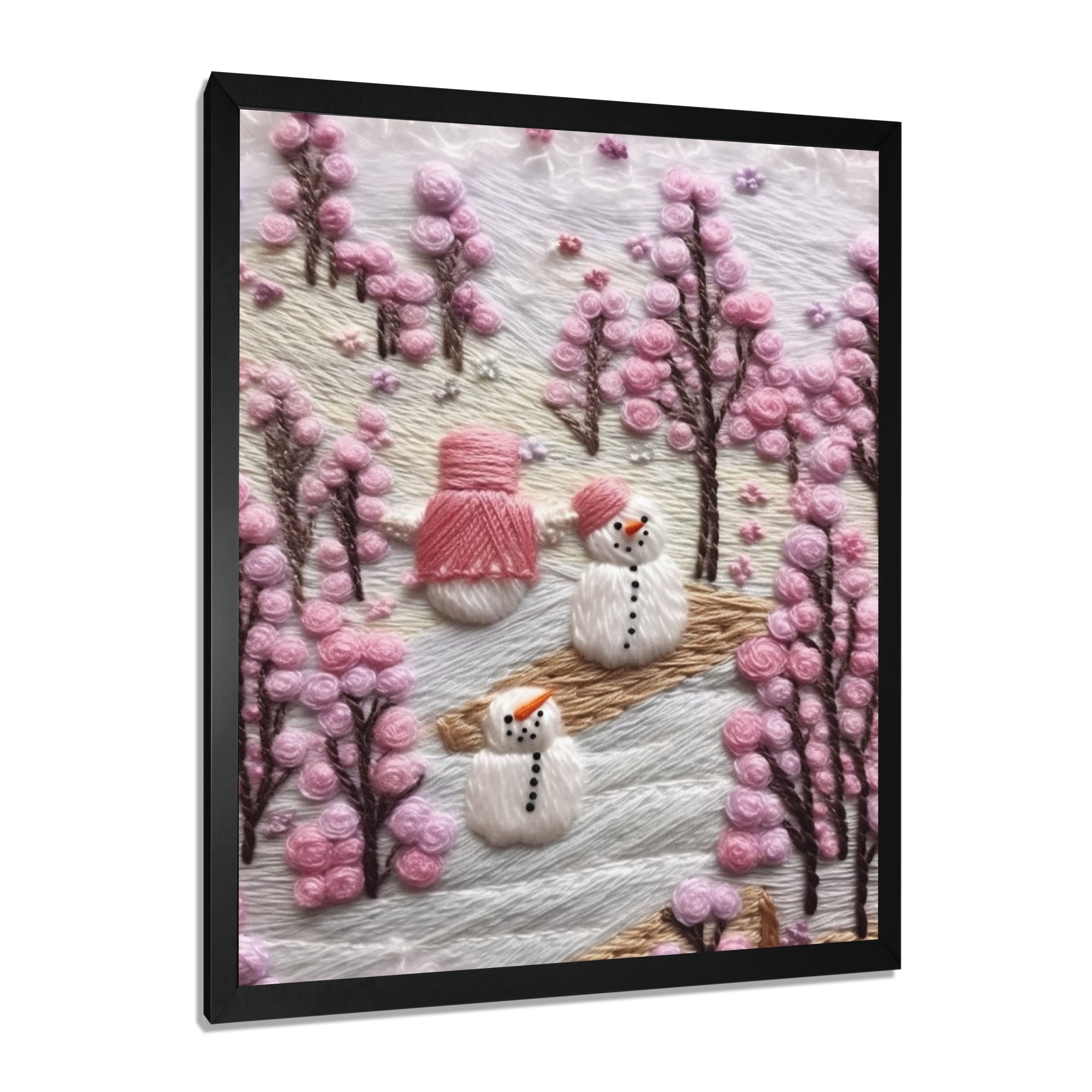 Christmas Snowman In Snowy Winter Pink Tree Embroidery - Coastal Animal Canvas Wall Art