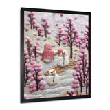 Christmas Snowman In Snowy Winter Pink Tree Embroidery - Coastal Animal Canvas Wall Art