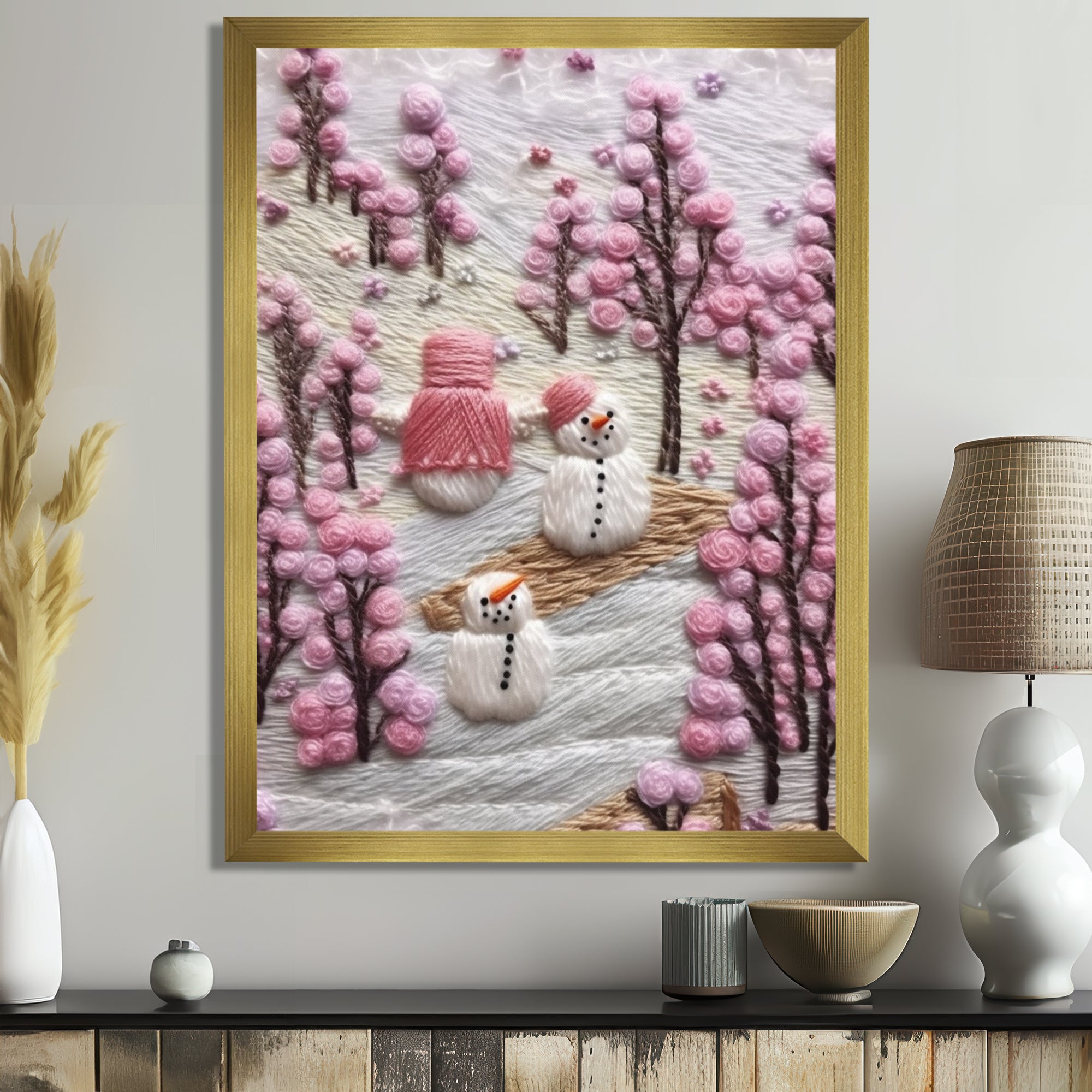 Christmas Snowman In Snowy Winter Pink Tree Embroidery - Coastal Animal Canvas Wall Art