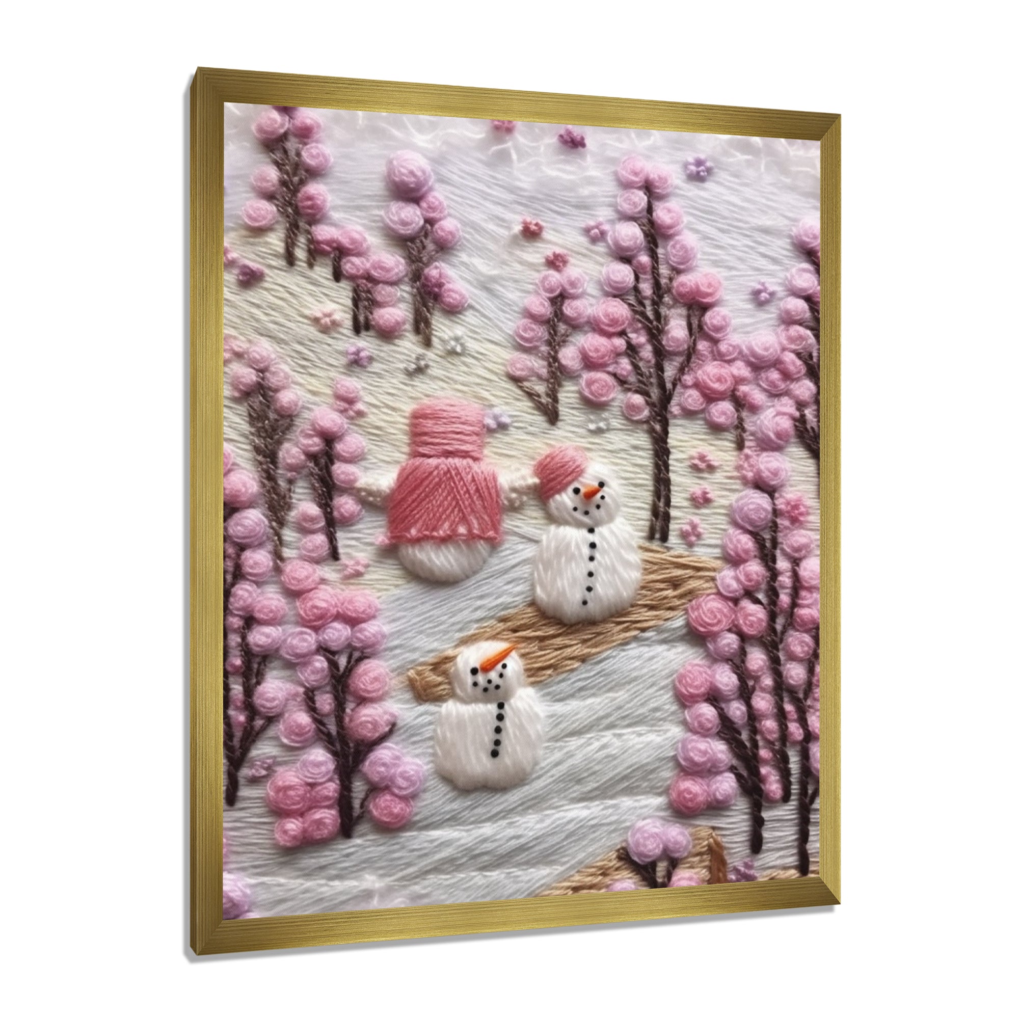 Christmas Snowman In Snowy Winter Pink Tree Embroidery - Coastal Animal Canvas Wall Art