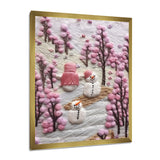 Christmas Snowman In Snowy Winter Pink Tree Embroidery - Coastal Animal Canvas Wall Art