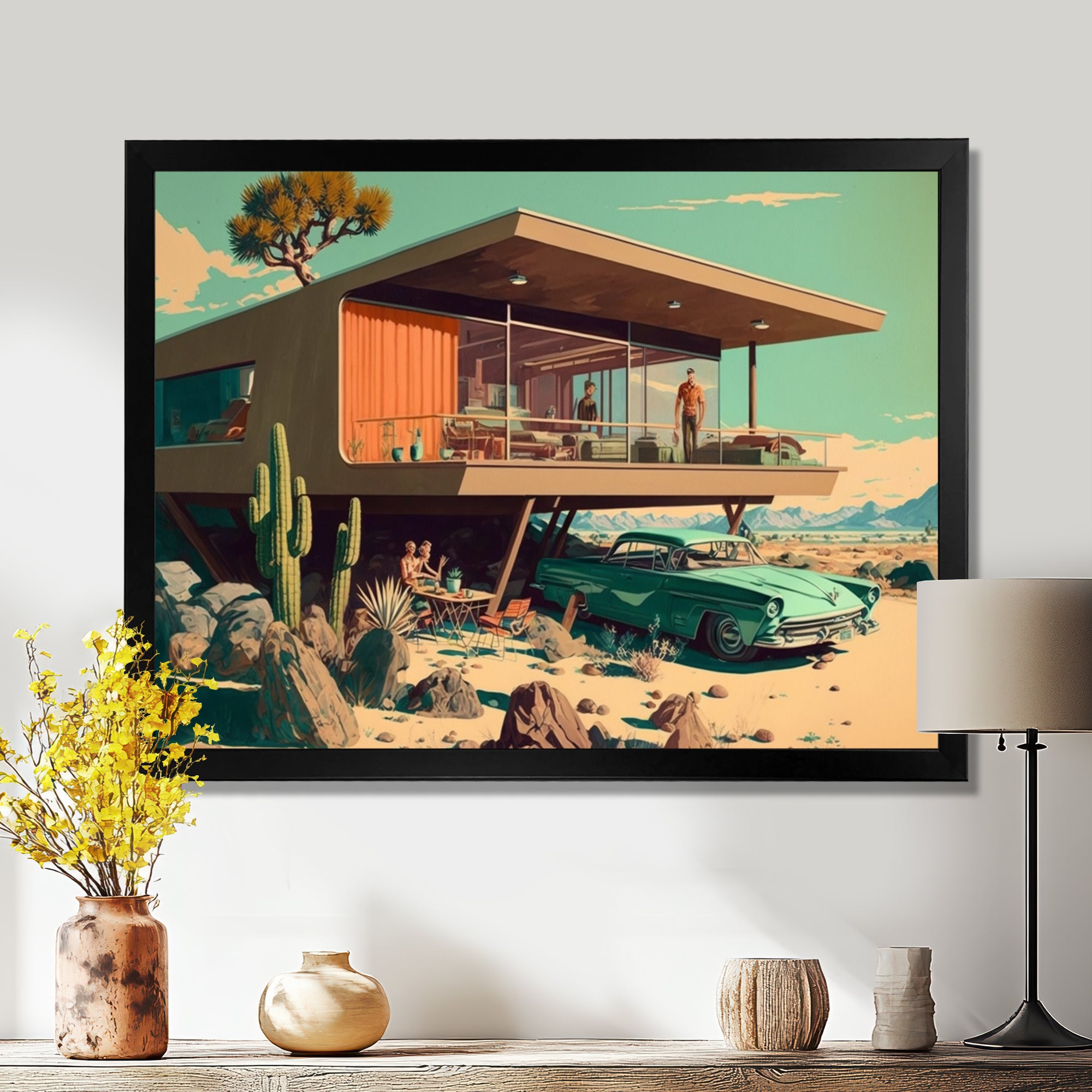 Green Car Mid Century Retro Architecture - Car Exotic Canvas Wall Art