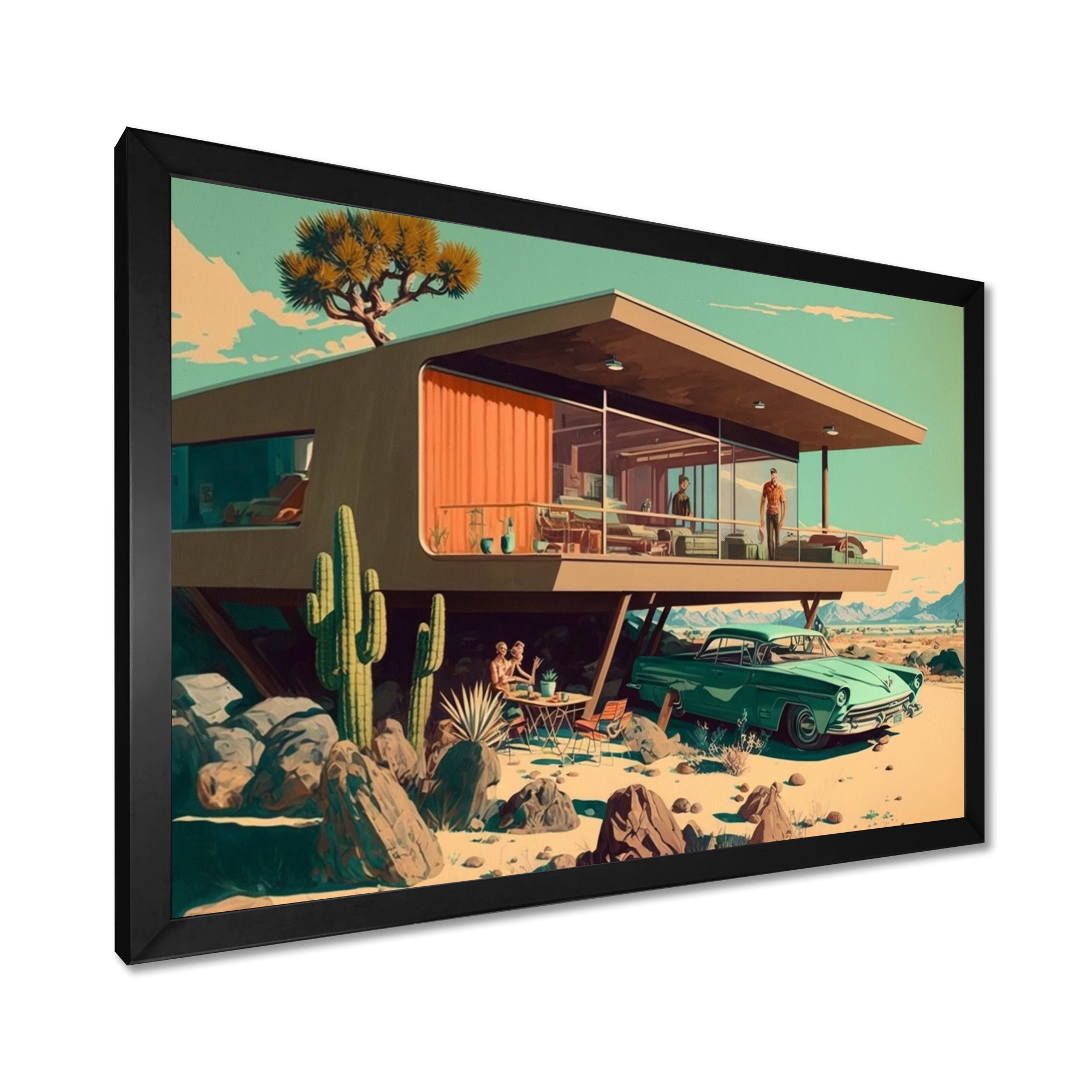 Green Car Mid Century Retro Architecture - Car Exotic Canvas Wall Art