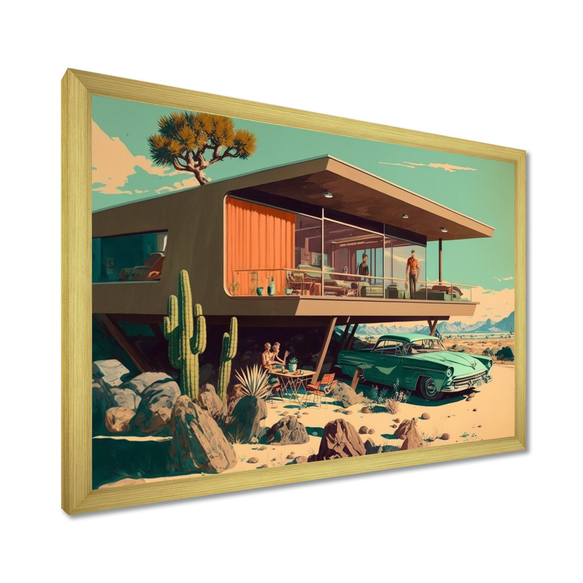 Green Car Mid Century Retro Architecture - Car Exotic Canvas Wall Art
