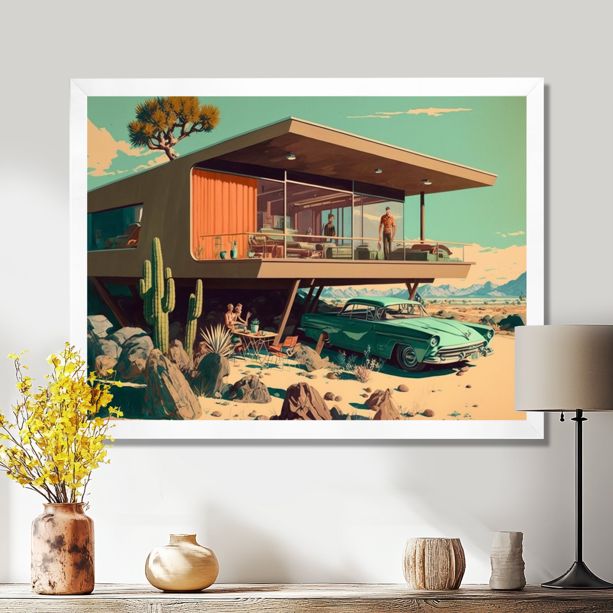Green Car Mid Century Retro Architecture - Car Exotic Canvas Wall Art