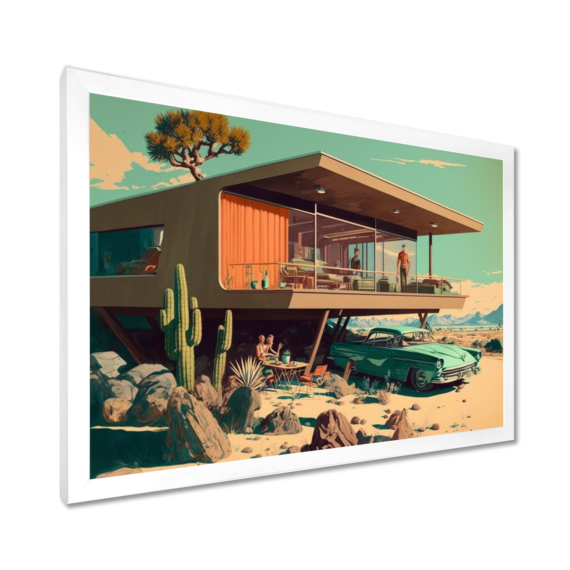 Green Car Mid Century Retro Architecture - Car Exotic Canvas Wall Art