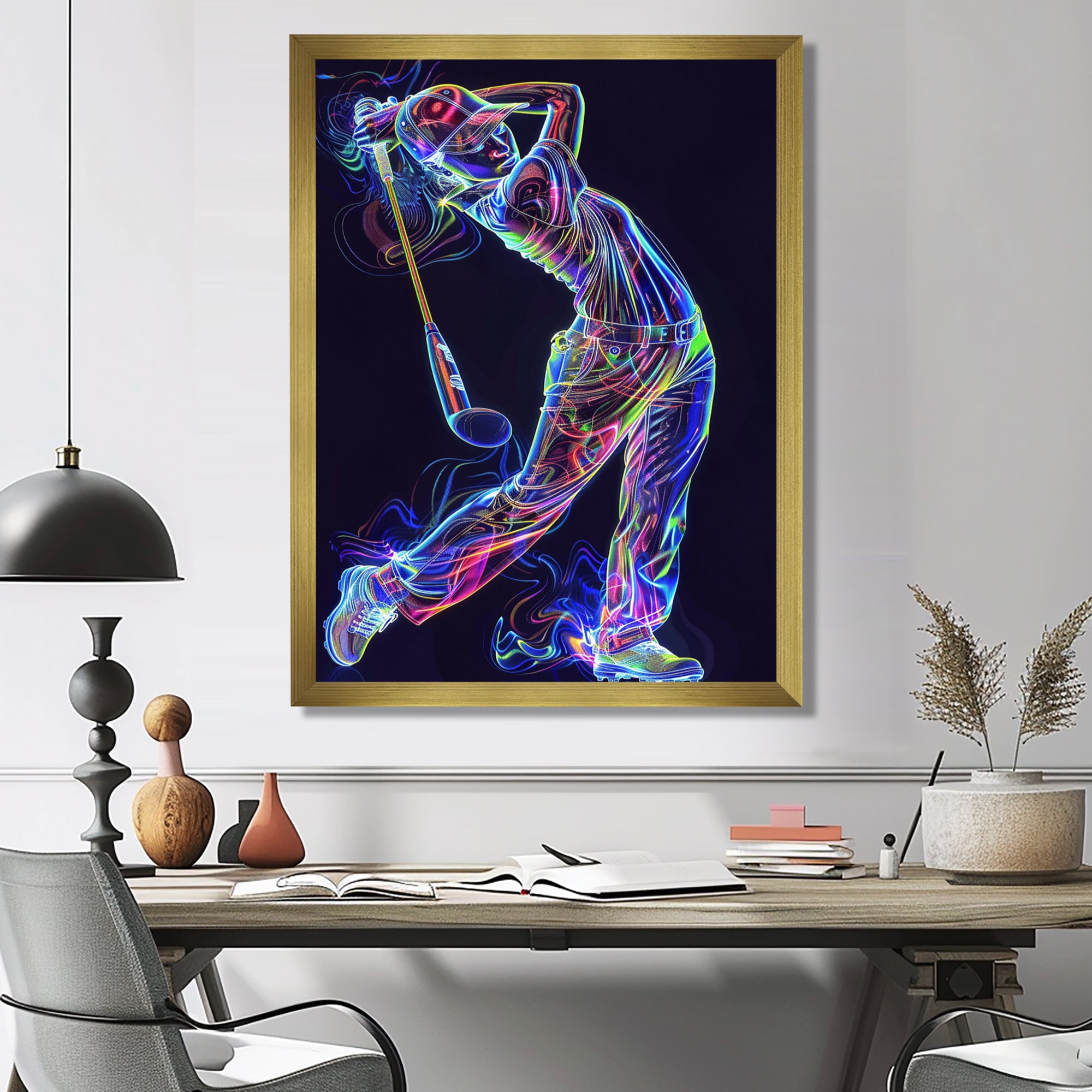 Neon Gold Player Striking - Sport Golf Canvas Wall Art