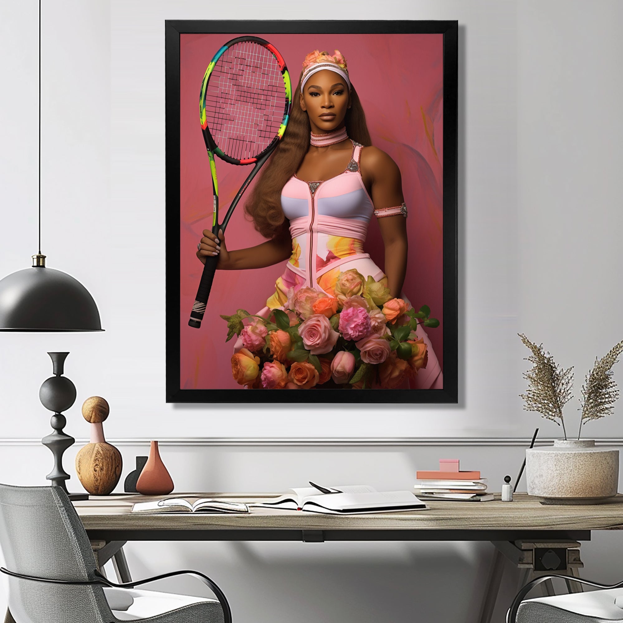 Serene With Pink Roses And Tennis Racket - Sport Tennis Canvas Wall Art
