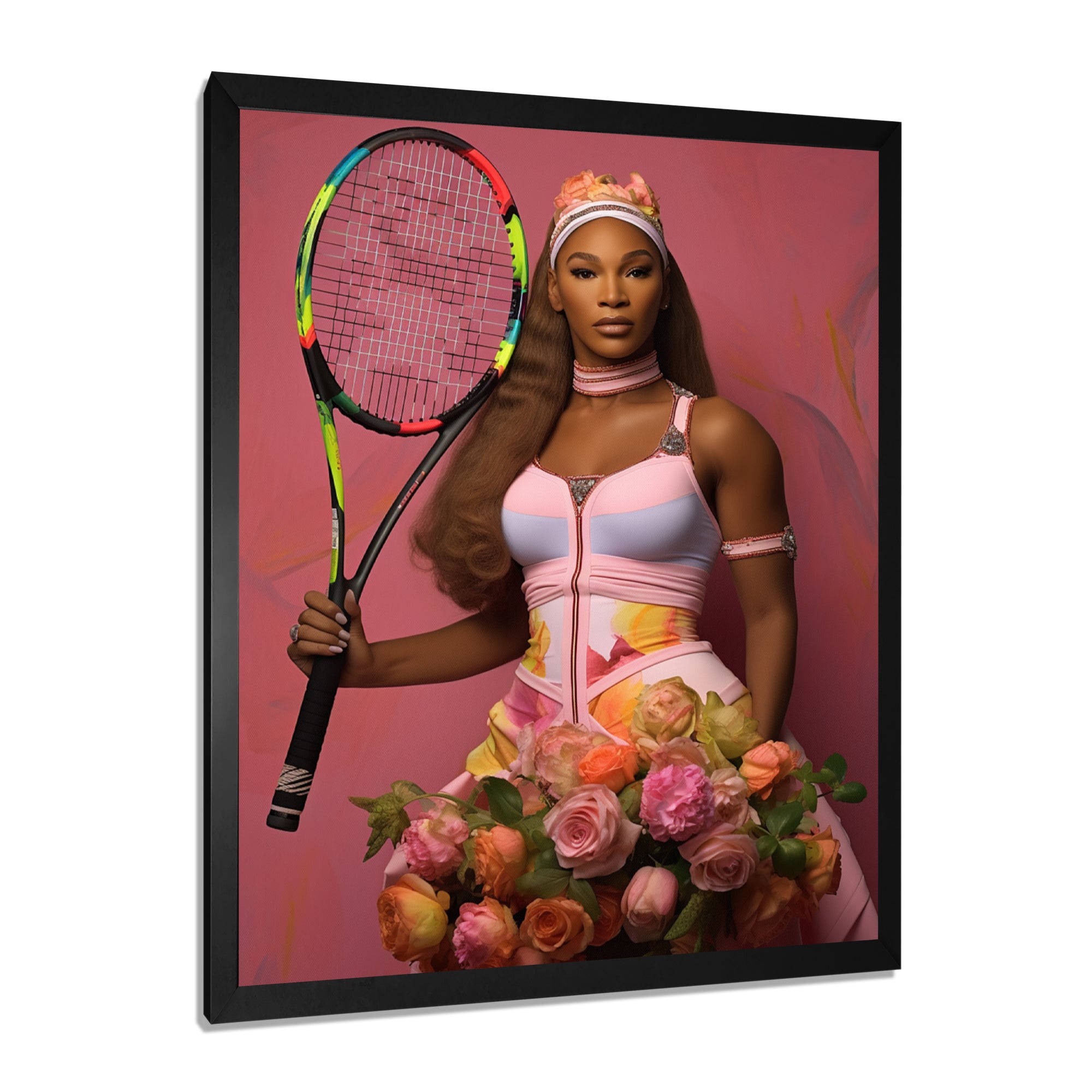 Serene With Pink Roses And Tennis Racket - Sport Tennis Canvas Wall Art