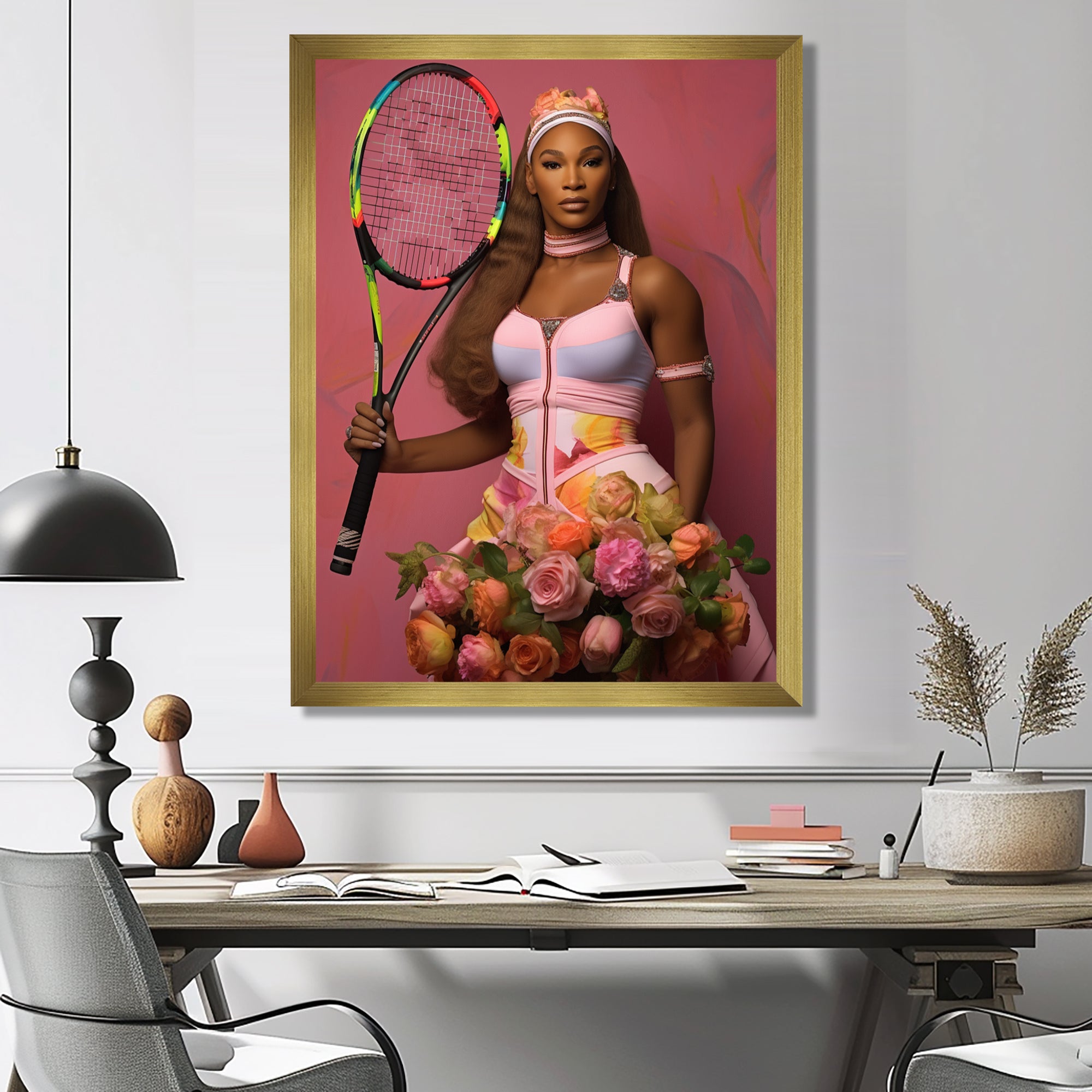 Serene With Pink Roses And Tennis Racket - Sport Tennis Canvas Wall Art
