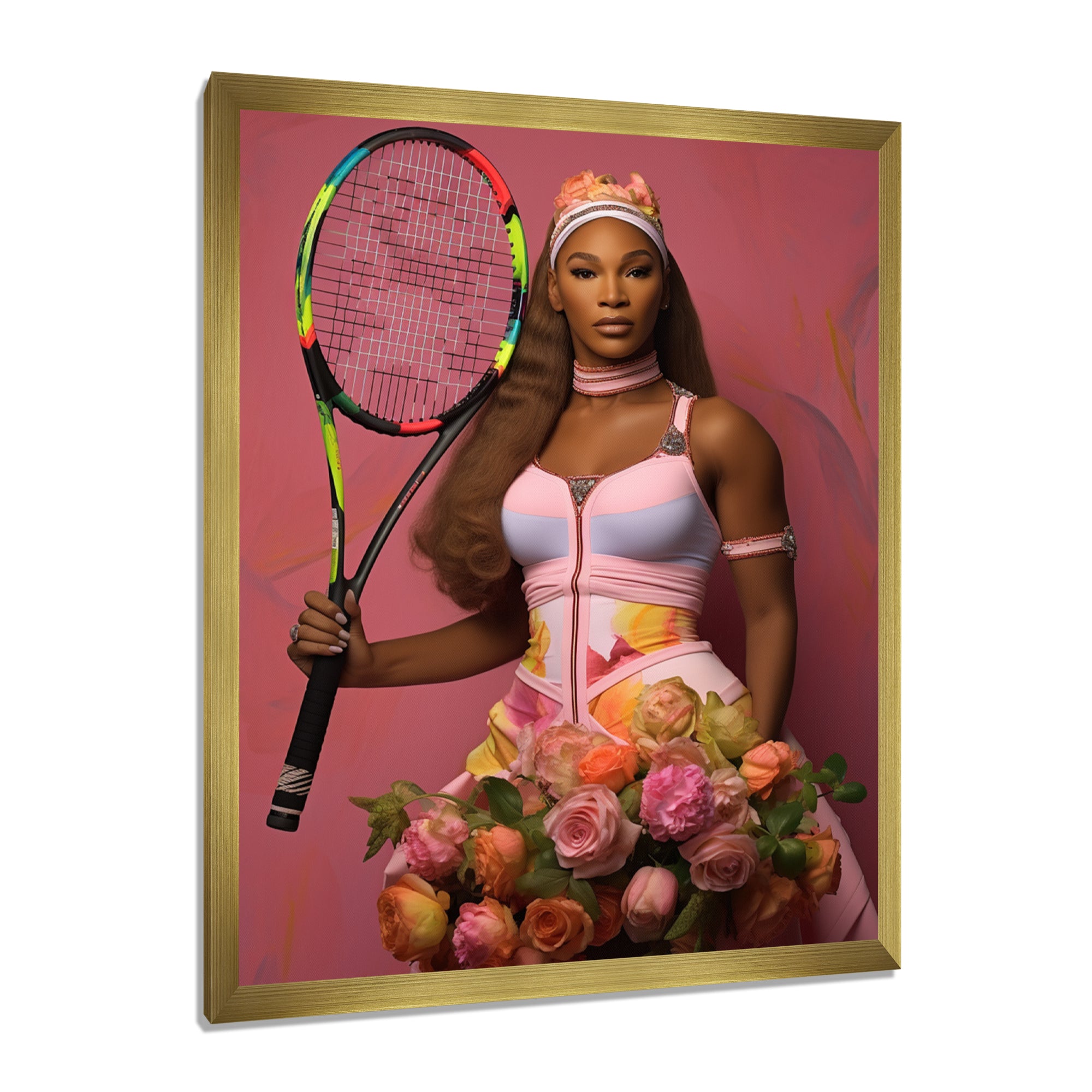 Serene With Pink Roses And Tennis Racket - Sport Tennis Canvas Wall Art