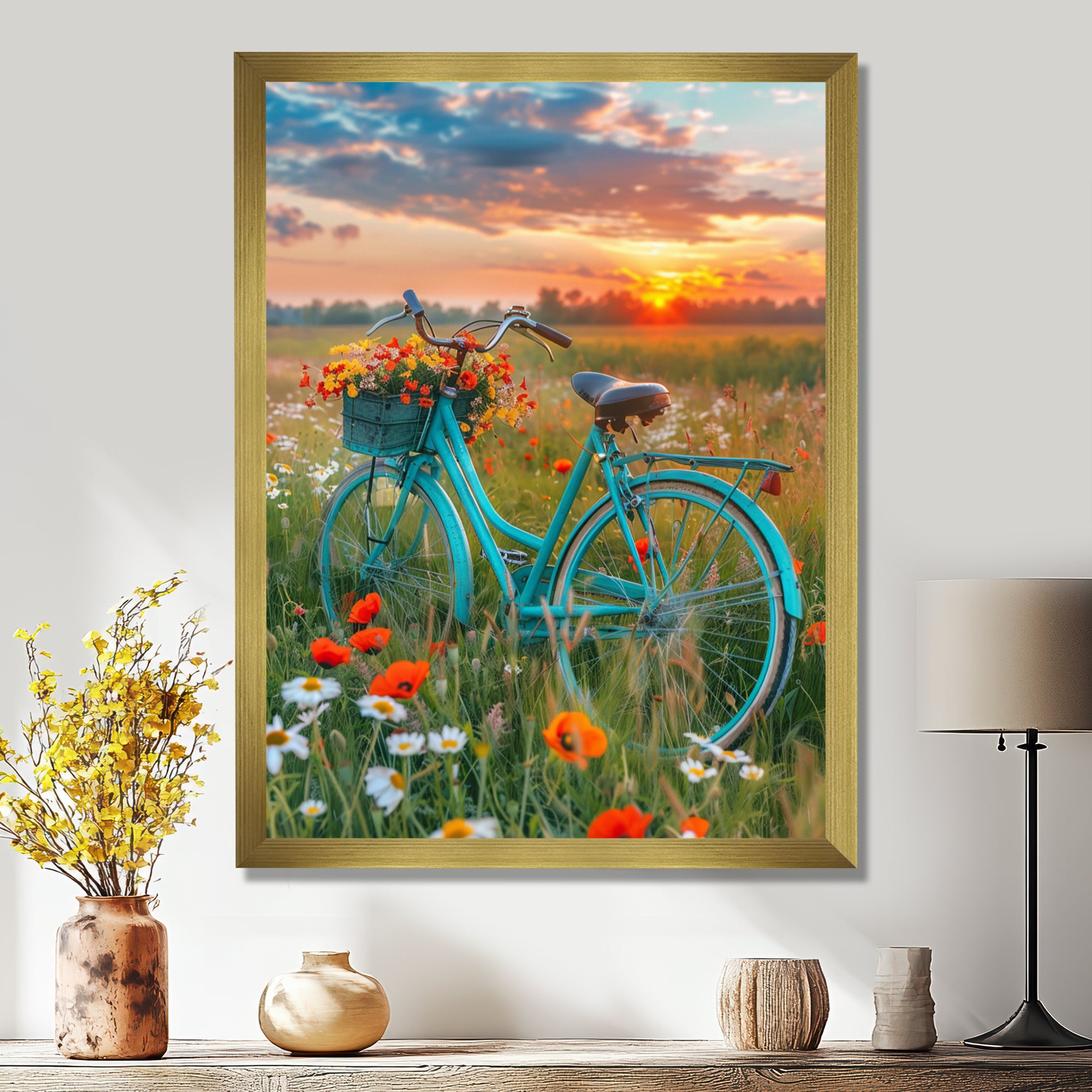 Blue Beach Bike In Spring Flower Field Sunset - Bicycle Canvas Wall Art
