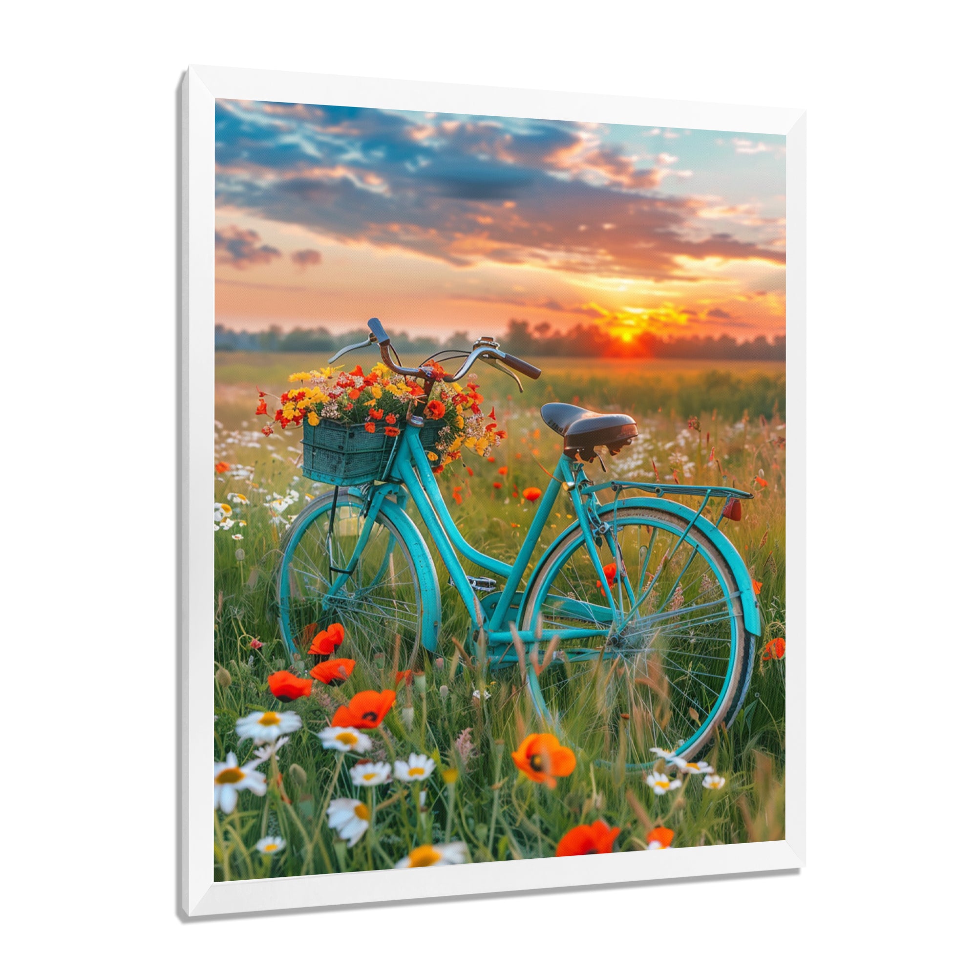 Blue Beach Bike In Spring Flower Field Sunset - Bicycle Canvas Wall Art
