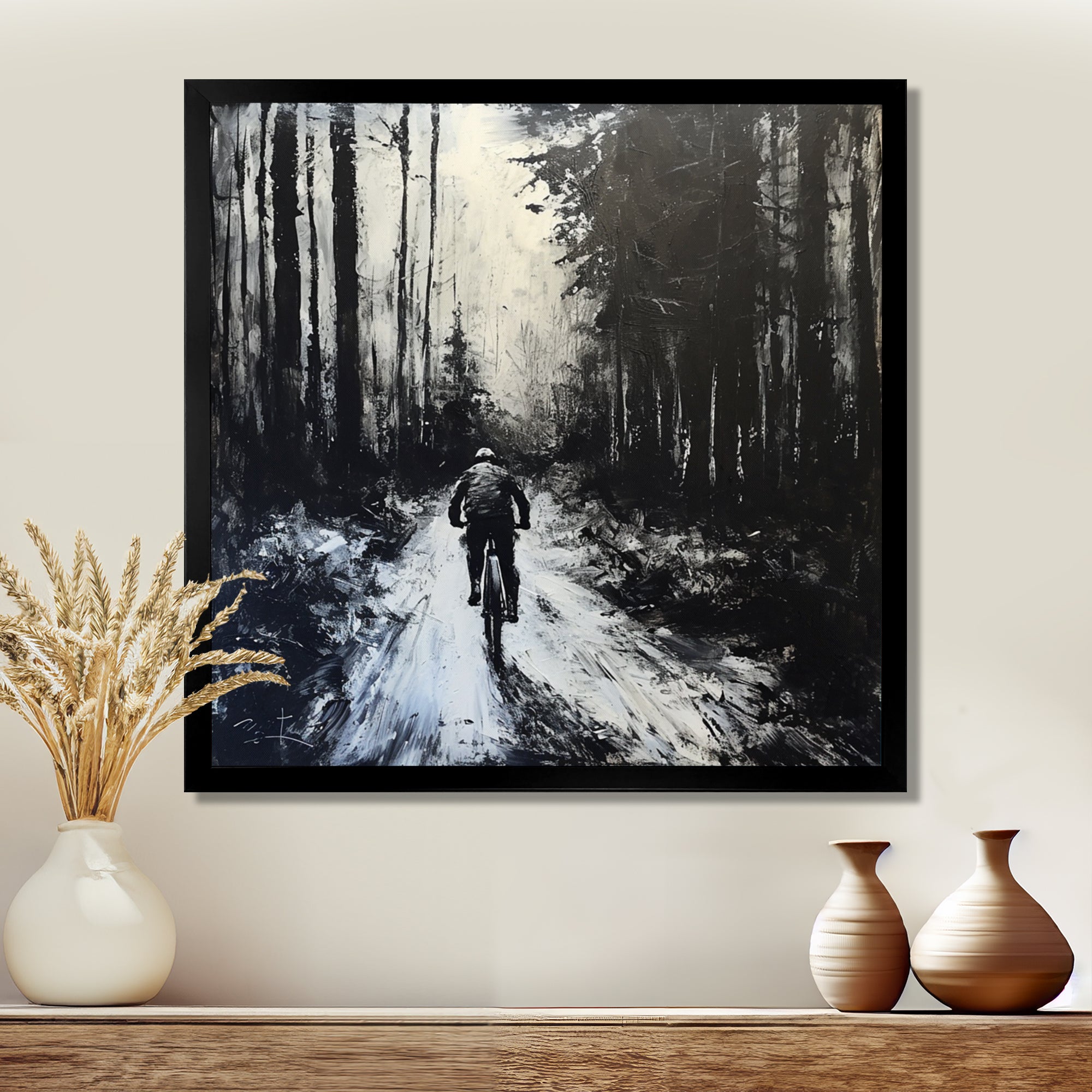 Biking In The Winter Woods Monochrome - Bicycle Canvas Wall Art