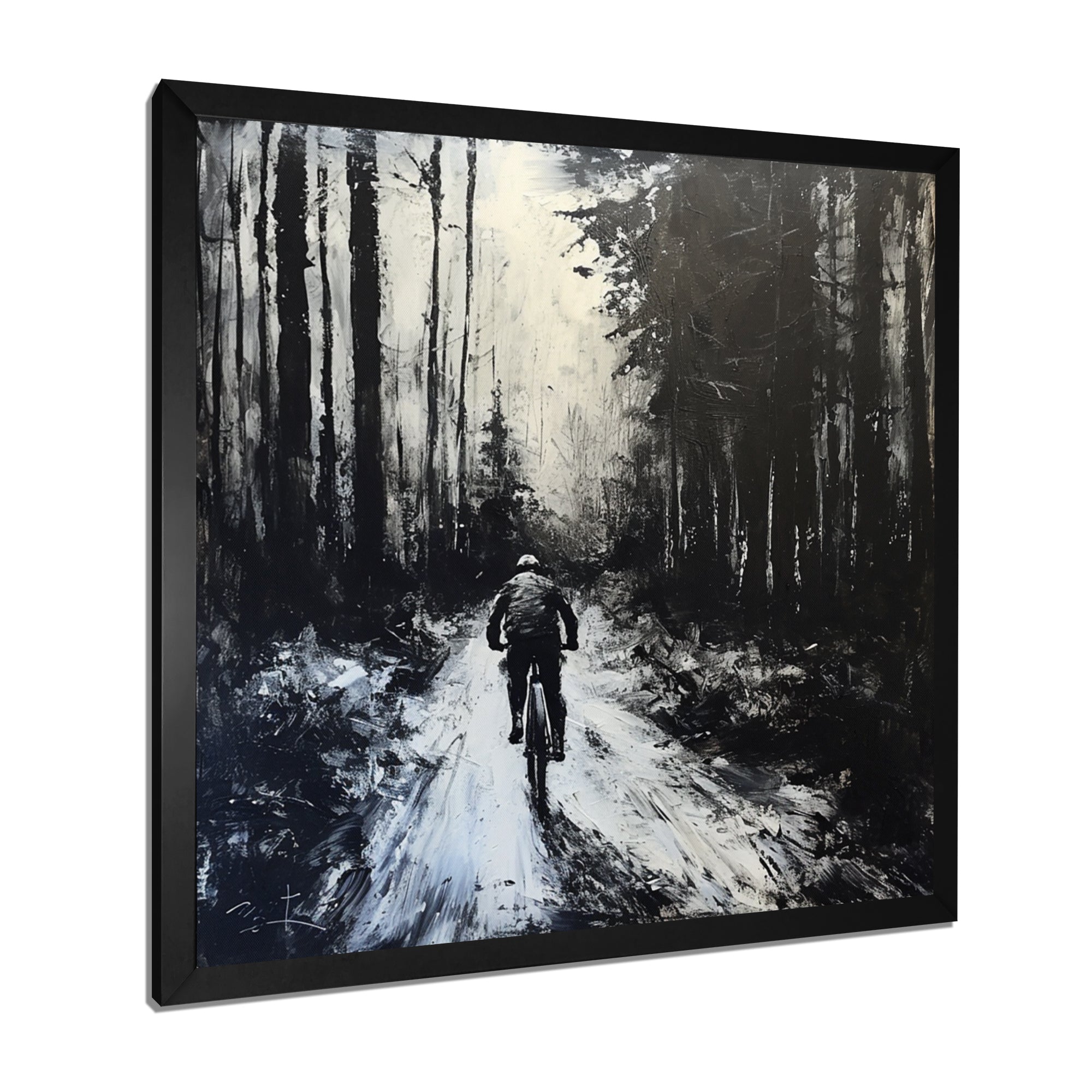 Biking In The Winter Woods Monochrome - Bicycle Canvas Wall Art