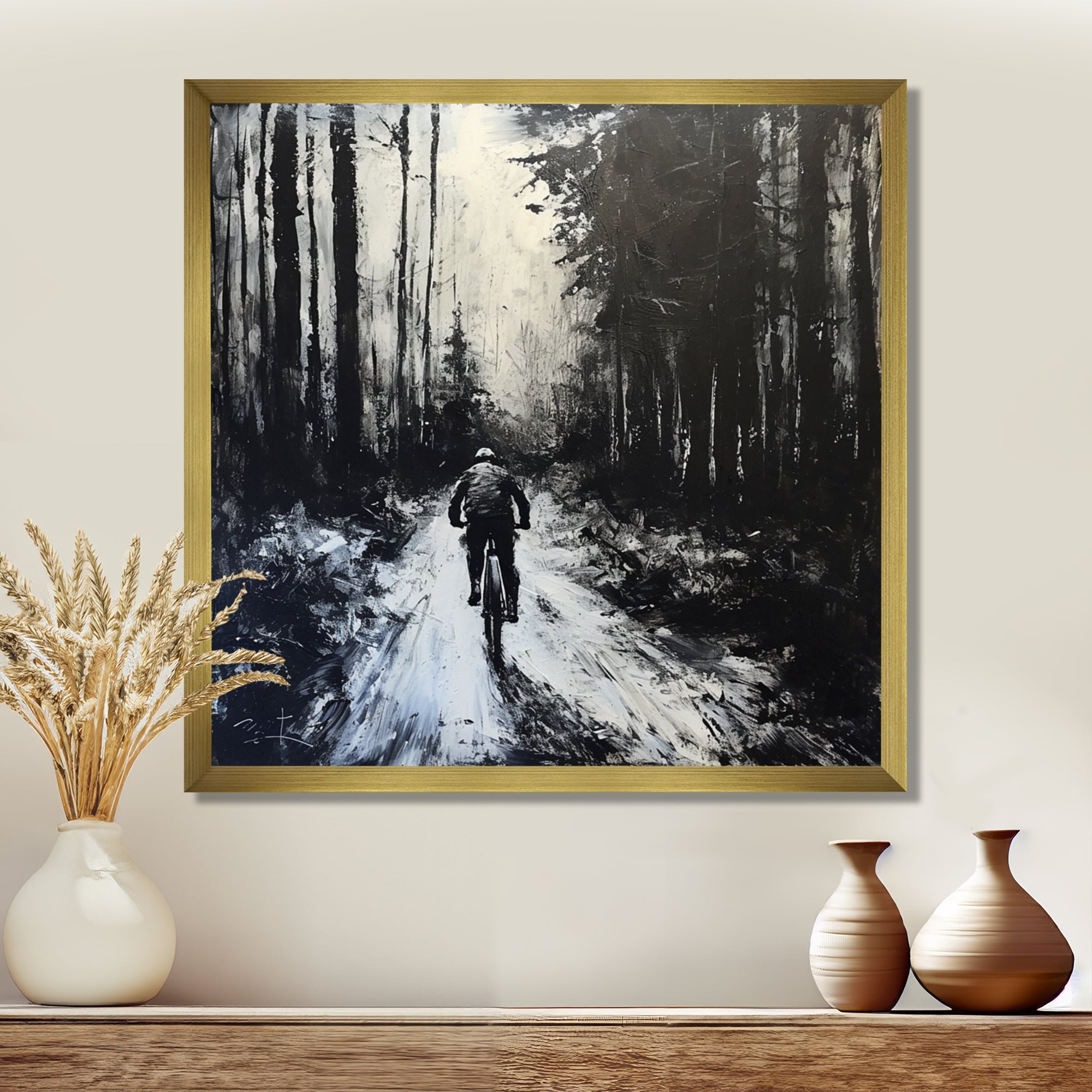 Biking In The Winter Woods Monochrome - Bicycle Canvas Wall Art