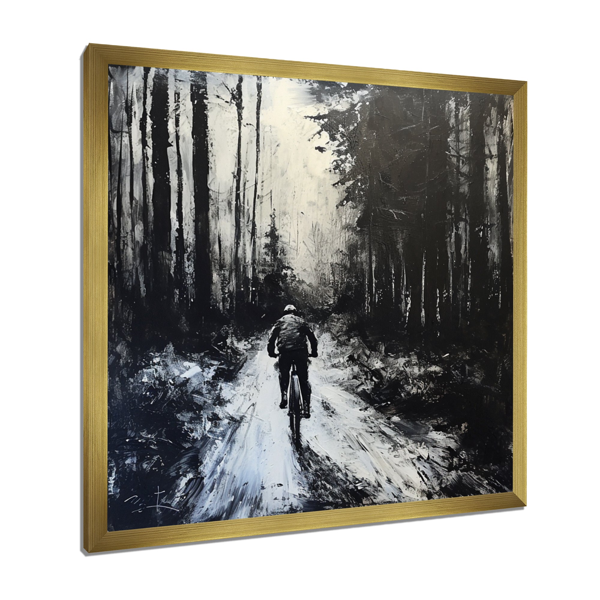 Biking In The Winter Woods Monochrome - Bicycle Canvas Wall Art