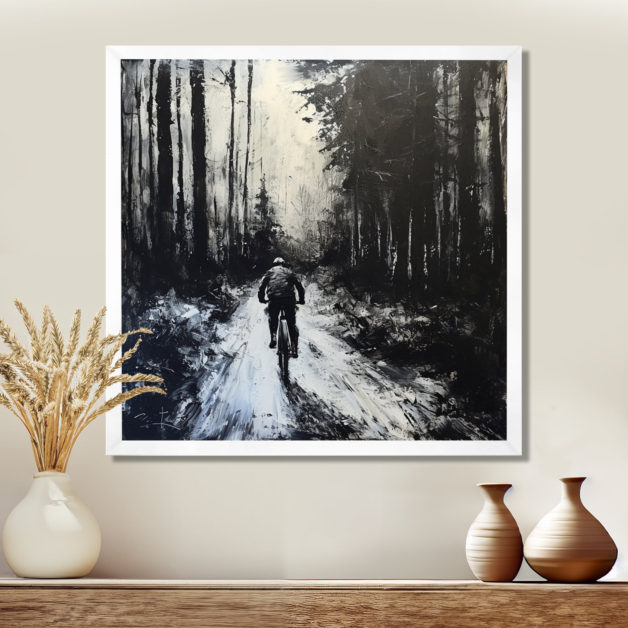 Biking In The Winter Woods Monochrome - Bicycle Canvas Wall Art