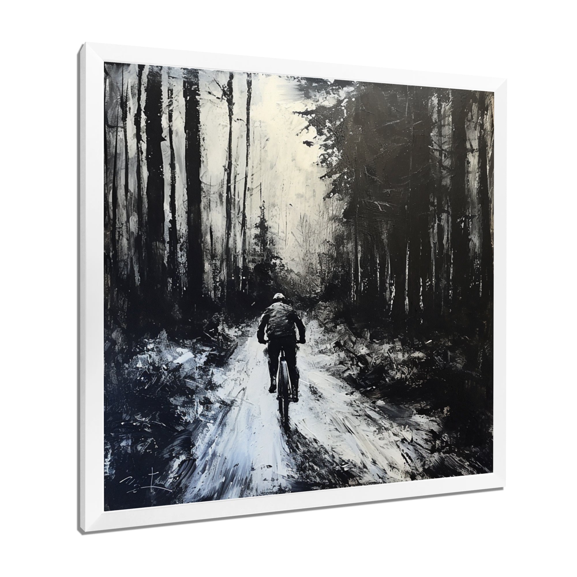 Biking In The Winter Woods Monochrome - Bicycle Canvas Wall Art