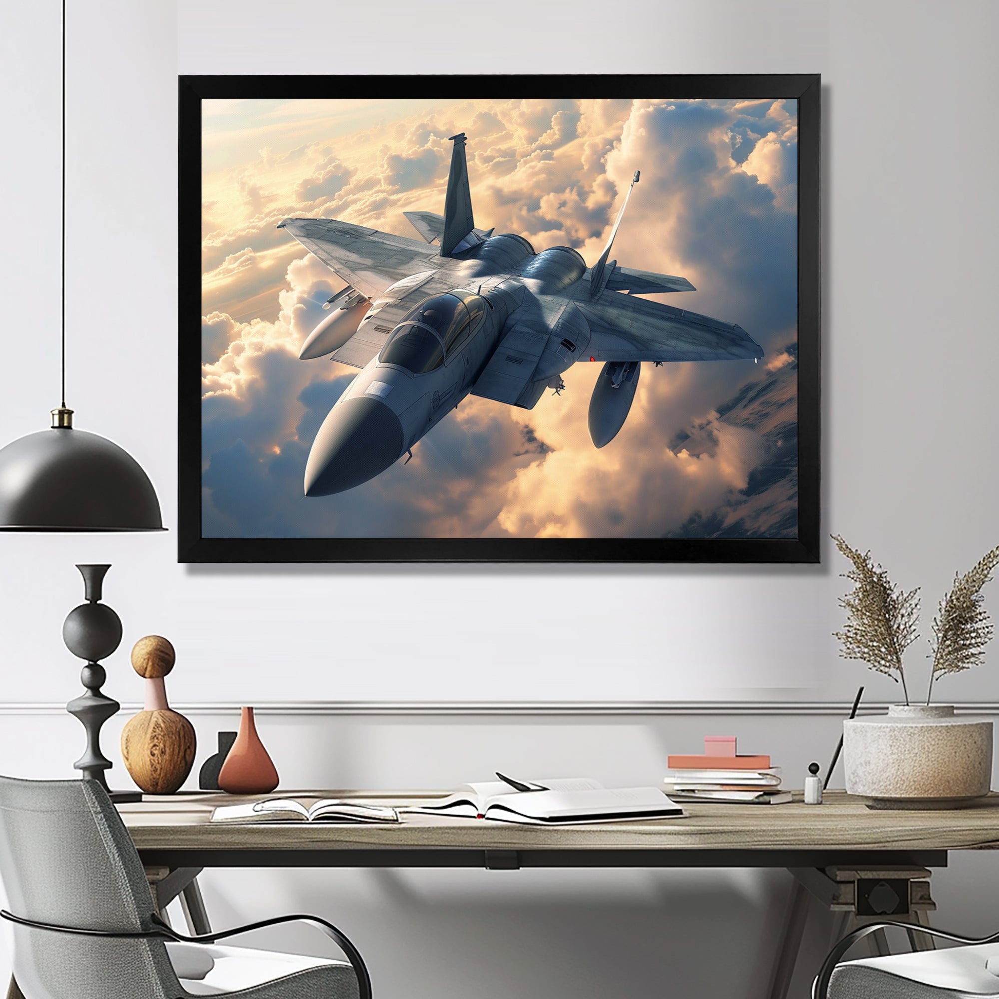 Fighter Jet In Action Above The Clouds - Train Canvas Wall Art