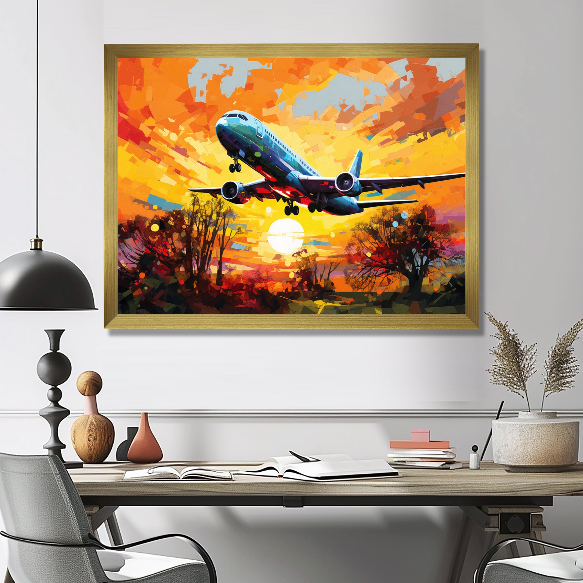 Airliner Taking Off In The Autumn Sunset - Train Canvas Wall Art